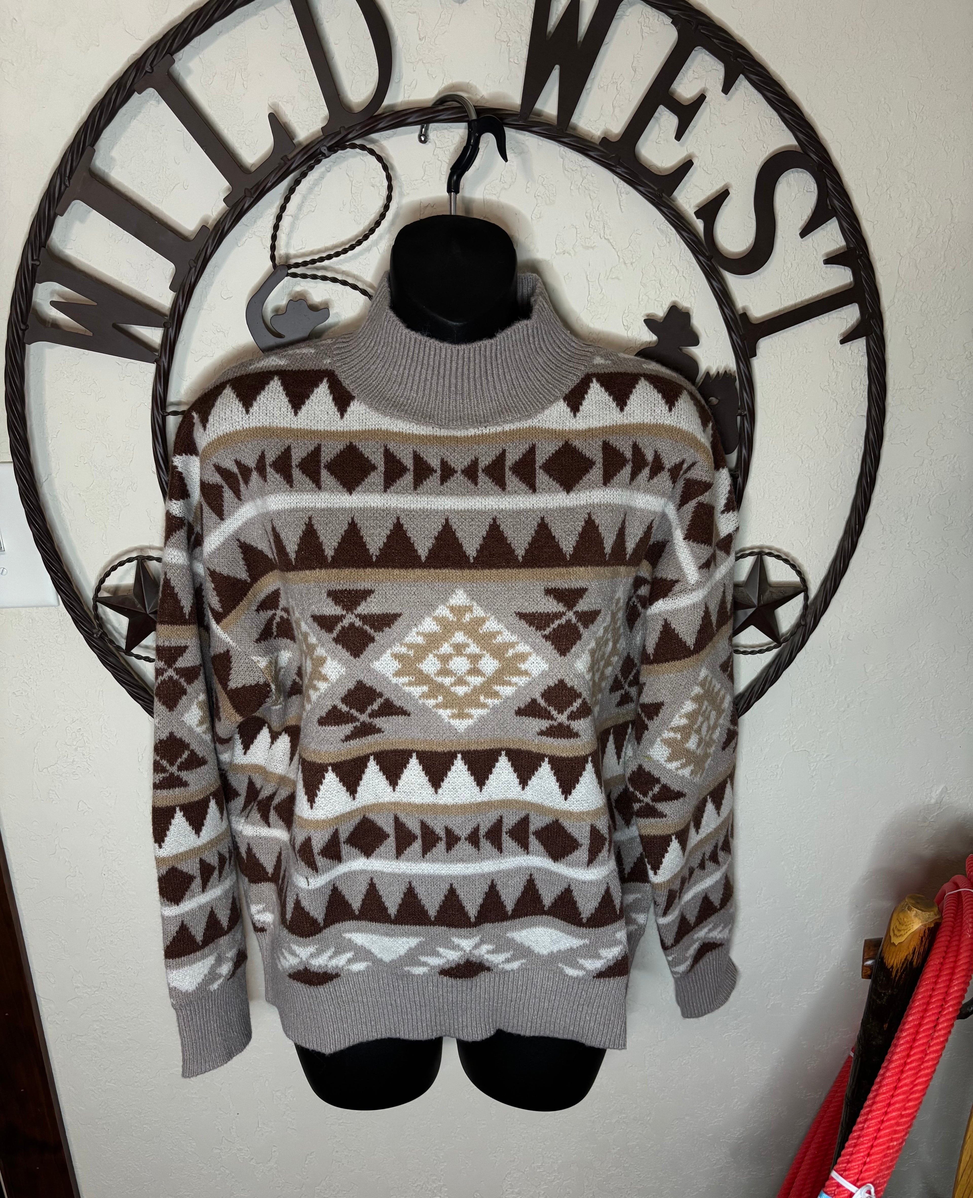 Brown Aztec Printed Knit Turtle Neck Sweater