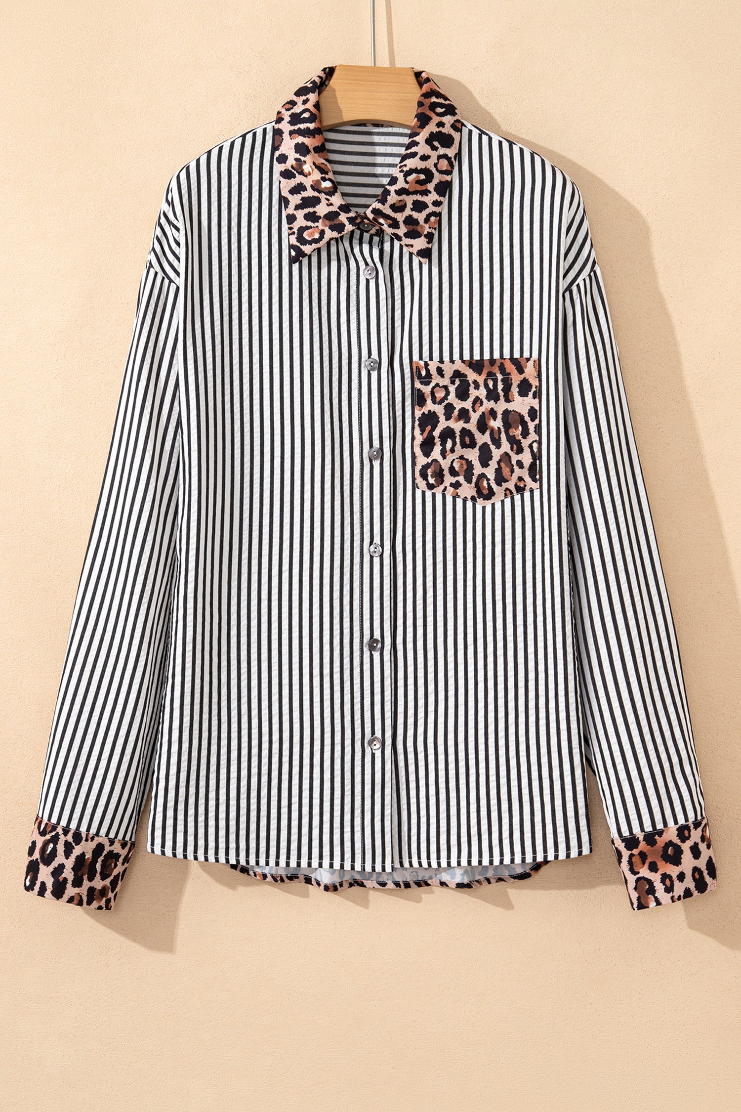 Racing Red Striped Leopard Print Patchwork Button Up Womens Shirt
