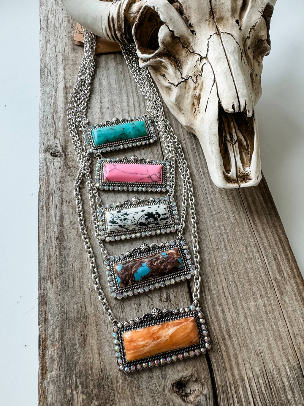 Western Semi Stone Bar Necklace - with Rhinestone edge: TURQUOISE/ BROWN