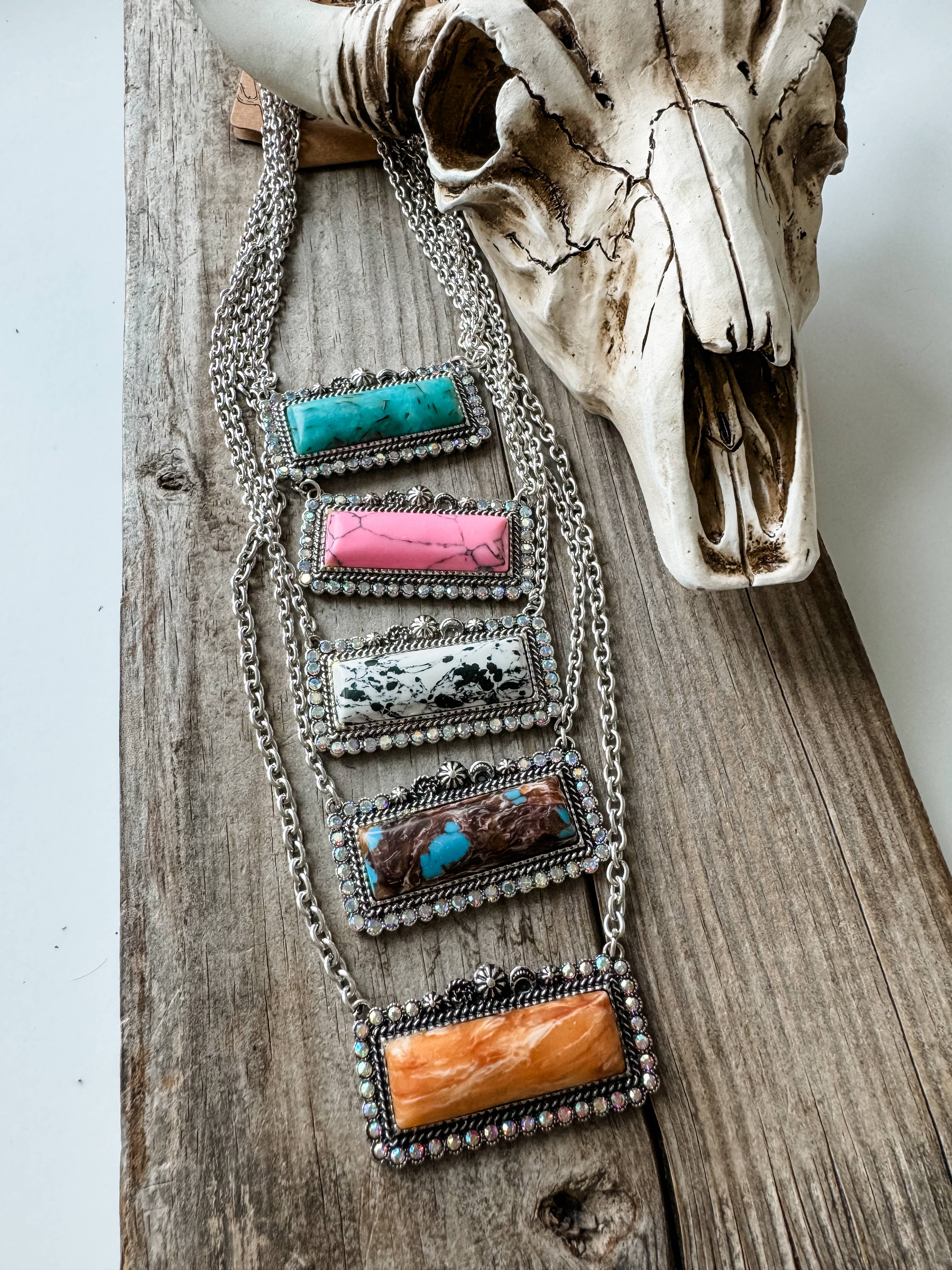 Western Semi Stone Bar Necklace - with Rhinestone edge: TURQUOISE/ BROWN