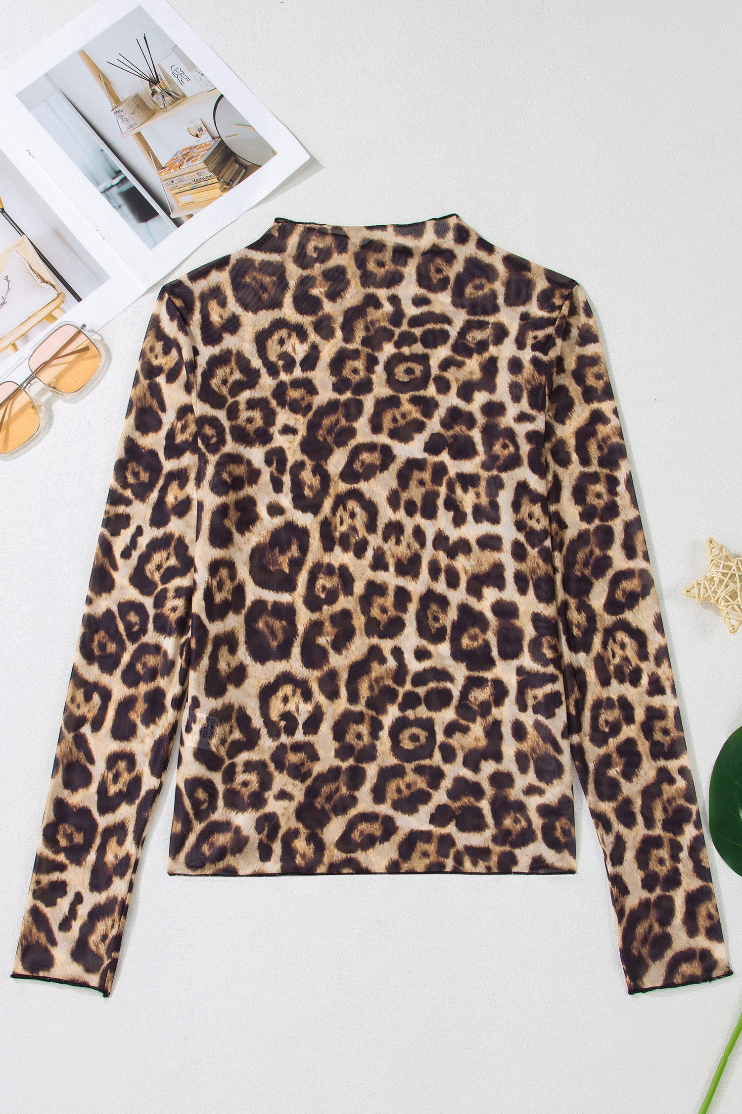 Camel Leopard Print Slim Fit Mesh Long Sleeve Mock Neck Top