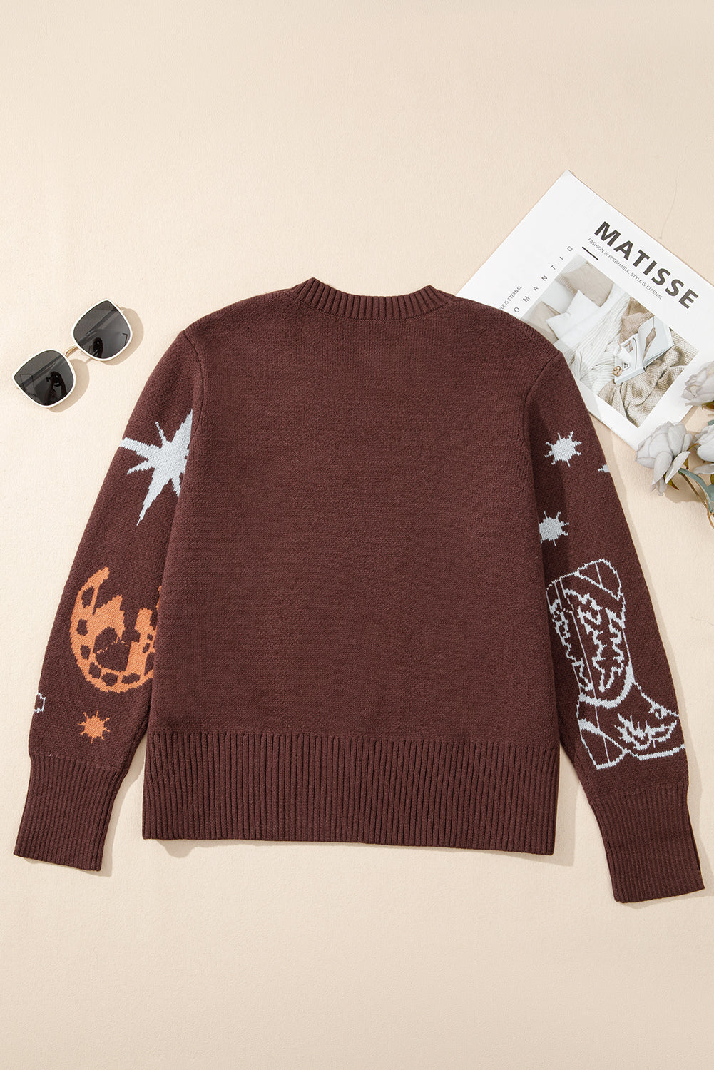 Brown Cowgirl Fashion Print Casual Sweater