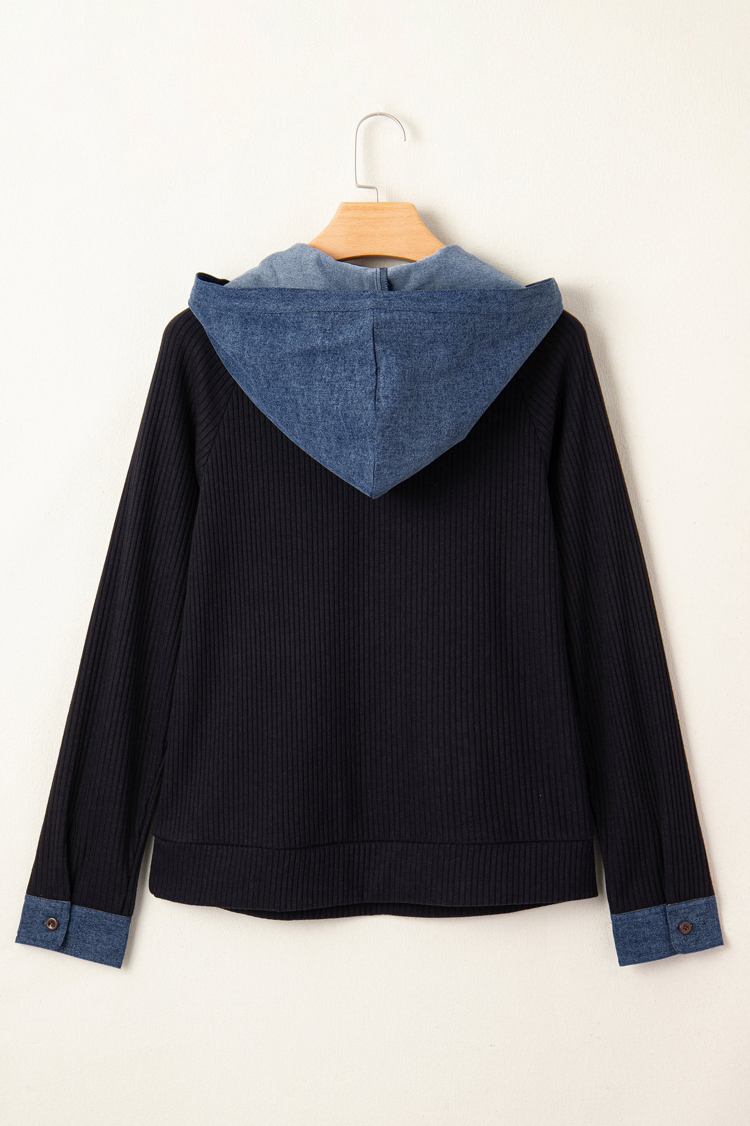 Black Ribbed Knit Contrast Denim Patchwork Hooded Long Sleeve Top