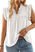 Black Plus Size Swiss Dot Ruffle Lace Trim V Neck Tank Top
