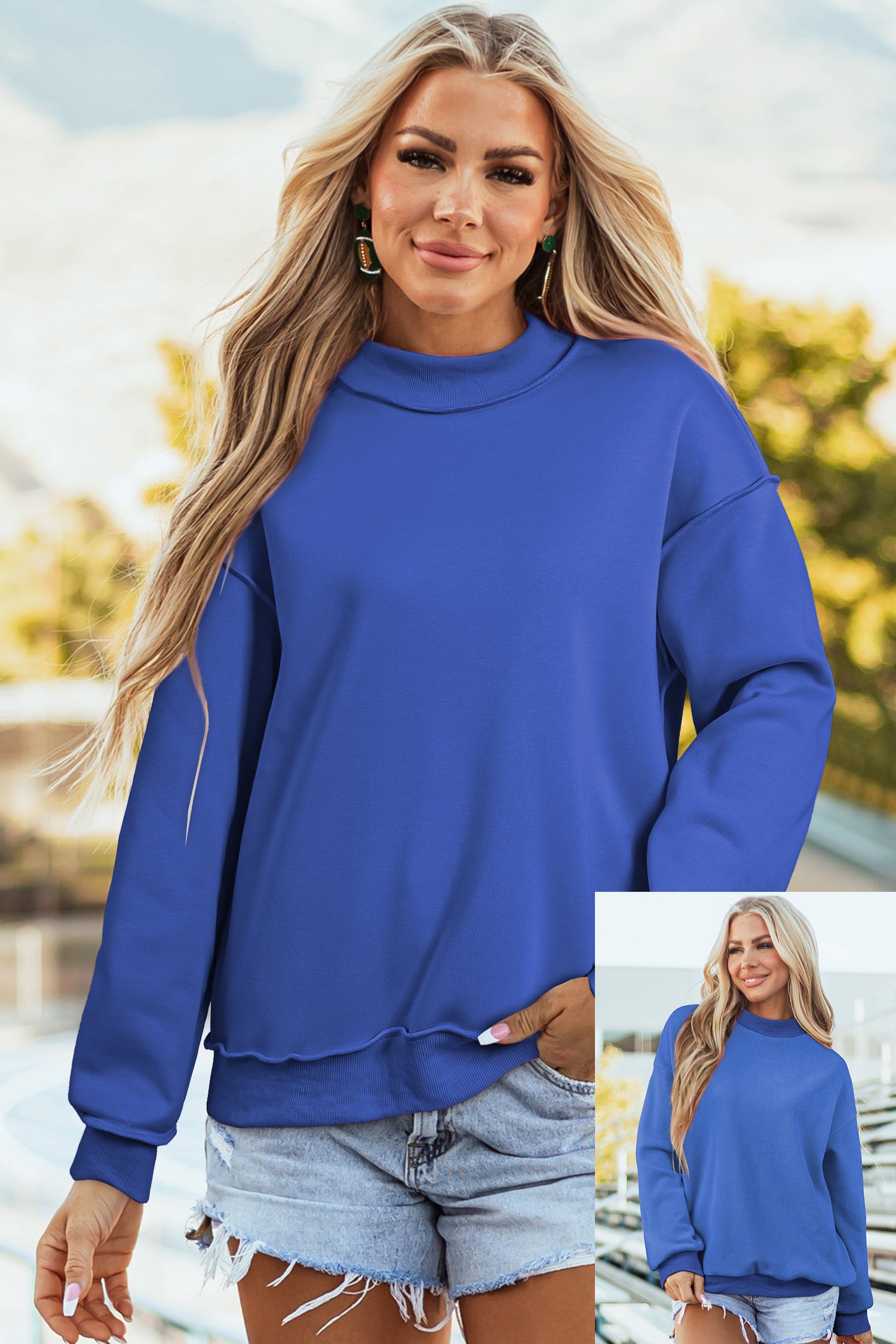 Apricot Oversize Drop Shoulder Reversible Mock Neck Sweatshirt