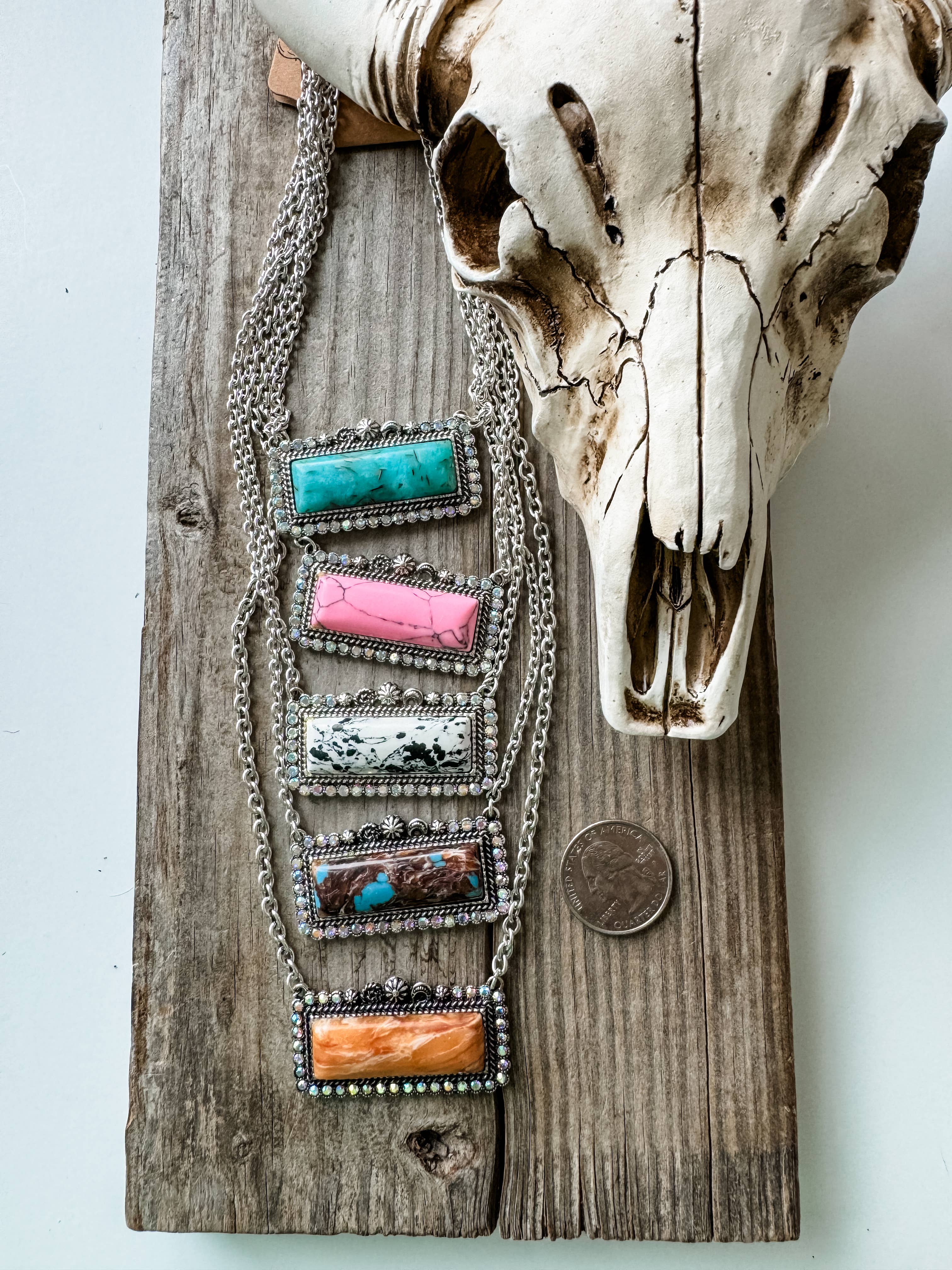 Western Semi Stone Bar Necklace - with Rhinestone edge: PINK