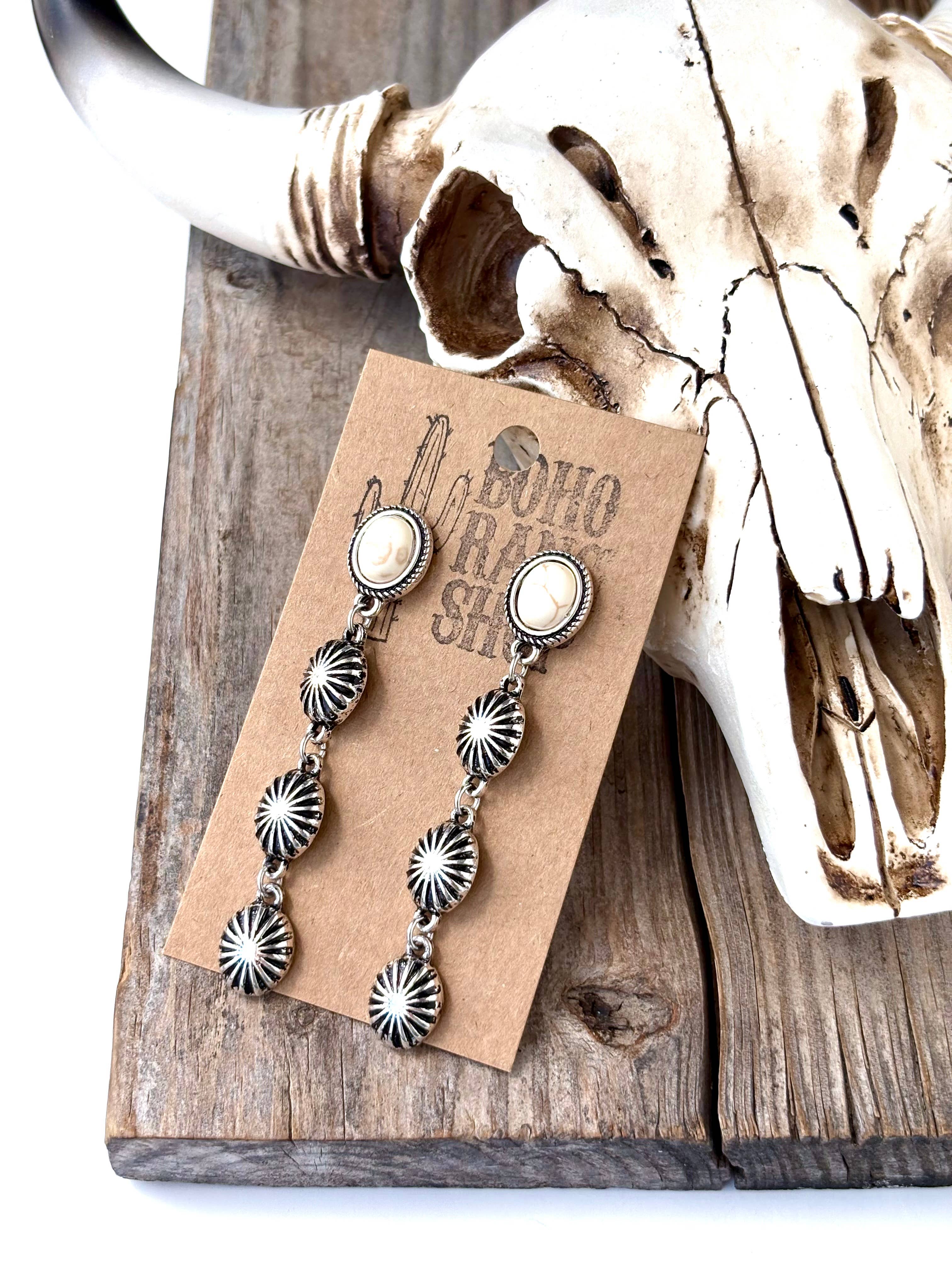 4 Tier Western Concho & Oval Stone Post Drop Earrings: Pink
