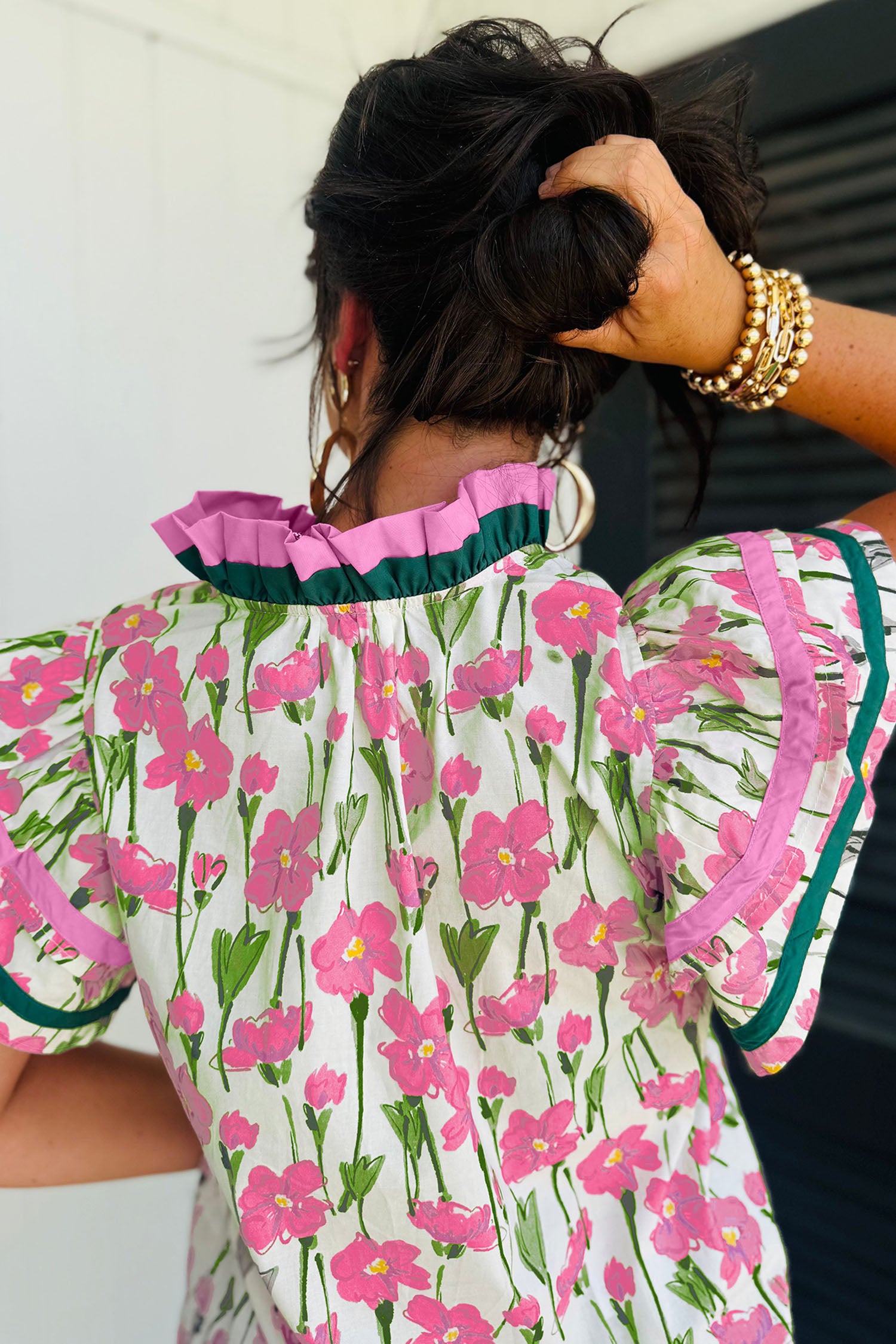 Pink Floral Print Contrast Trim V Neck Double Ruffled Short Sleeve Blouse