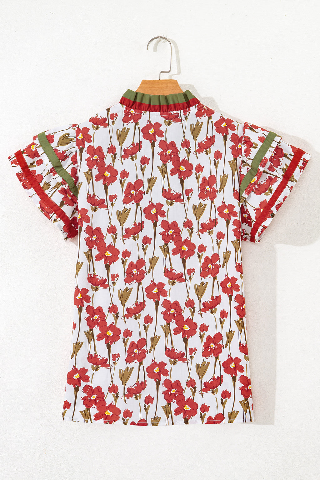 Pink Floral Print Contrast Trim V Neck Double Ruffled Short Sleeve Blouse