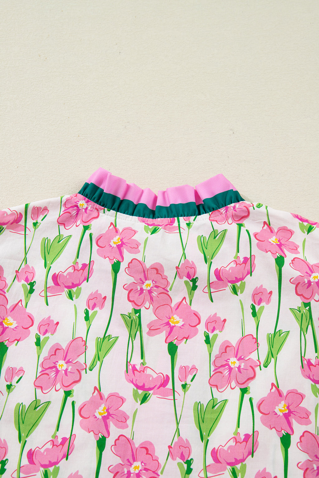 Pink Floral Print Contrast Trim V Neck Double Ruffled Short Sleeve Blouse