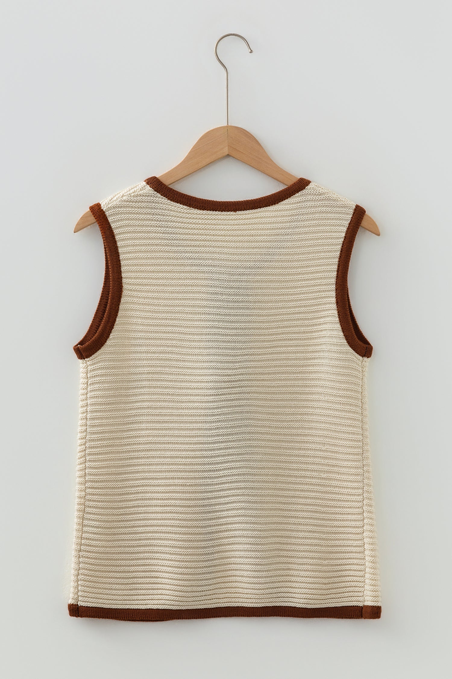 White Horizontal Ribbed Knit Contrast Trim Ties Front Sweater Vest