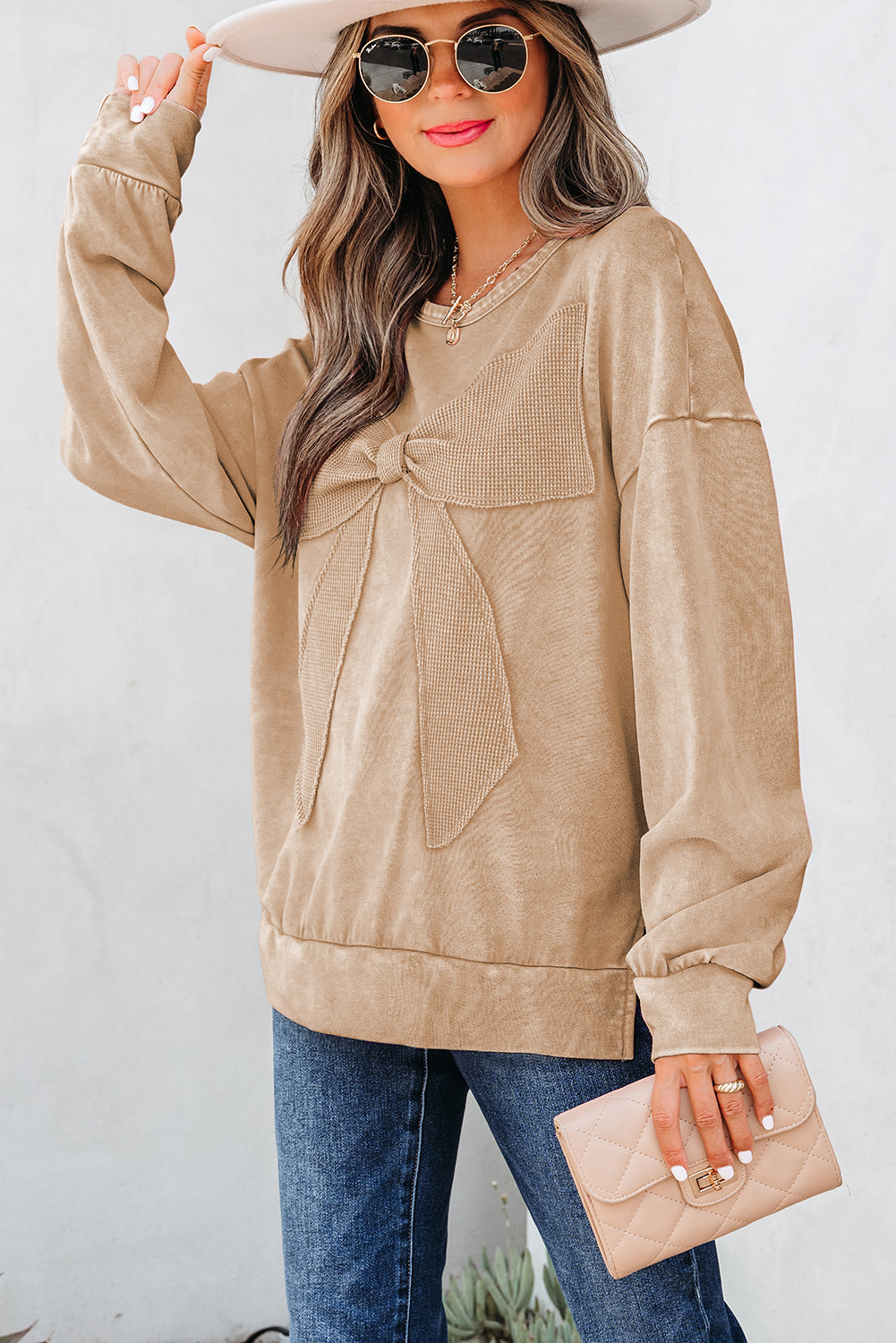 Light French Beige Mineral Wash Big Bow Patchwork Pullover Sweatshirt