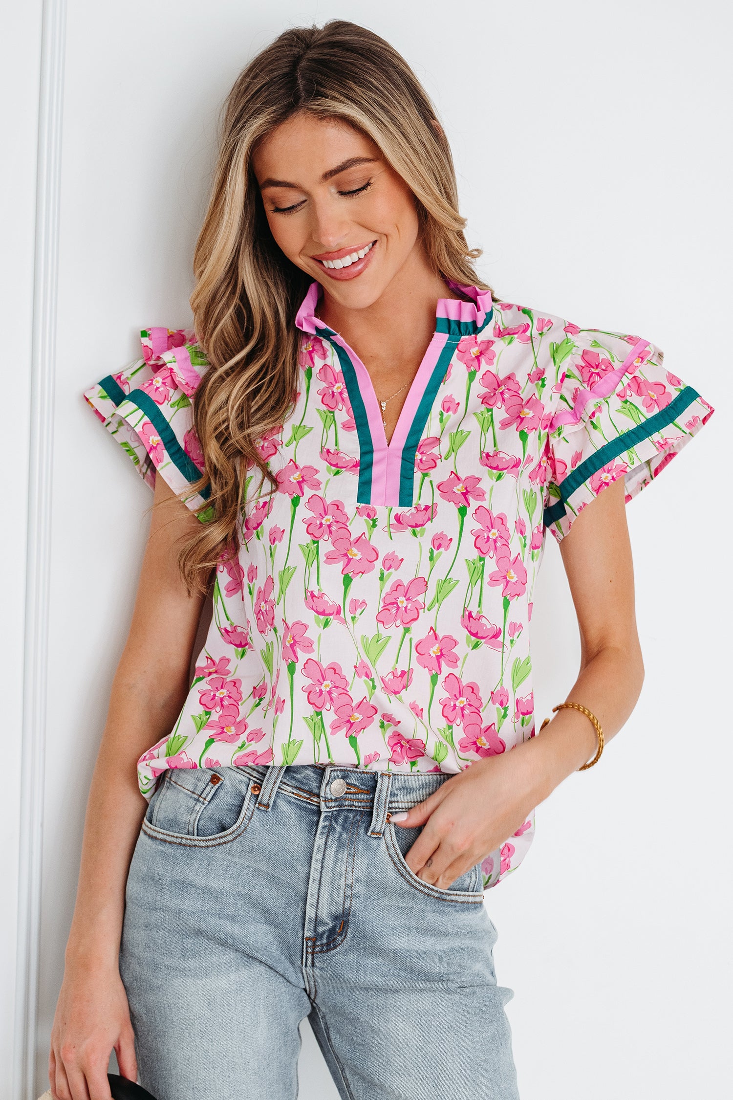 Pink Floral Print Contrast Trim V Neck Double Ruffled Short Sleeve Blouse