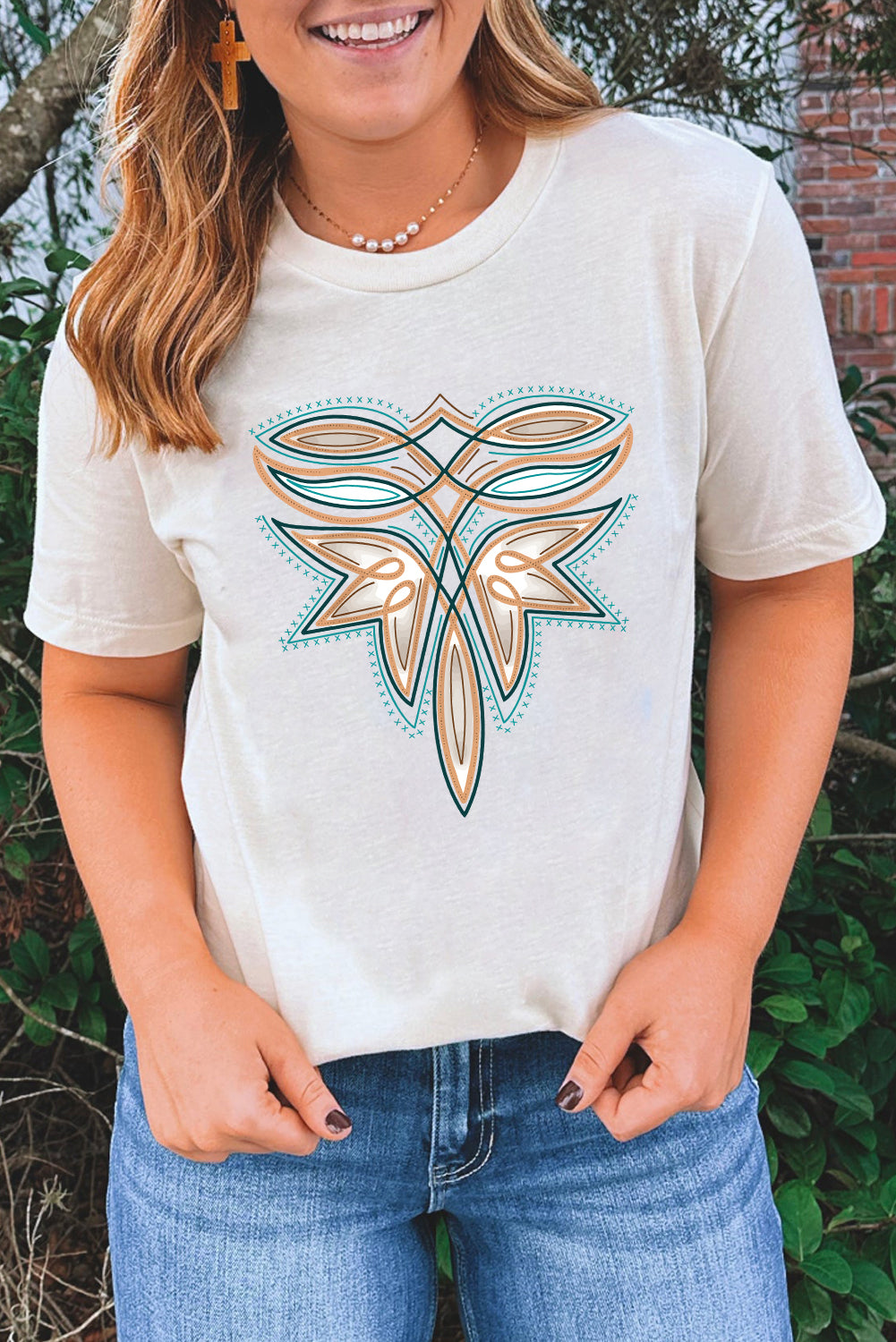 White Western Stitch Pattern Printed Cotton Blend Tee