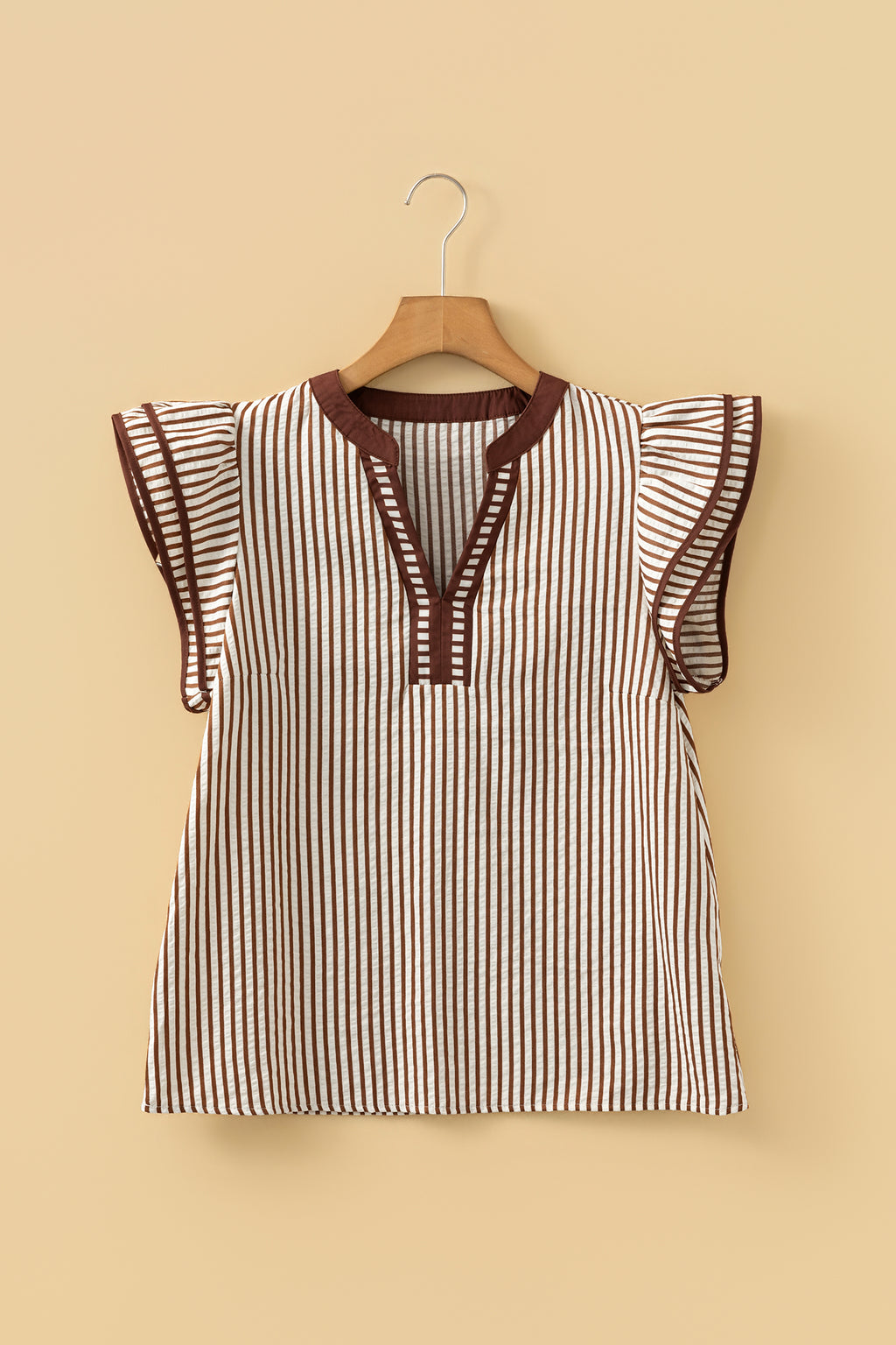 Khaki Stripe Double Ruffled Short Sleeve V Neck Blouse