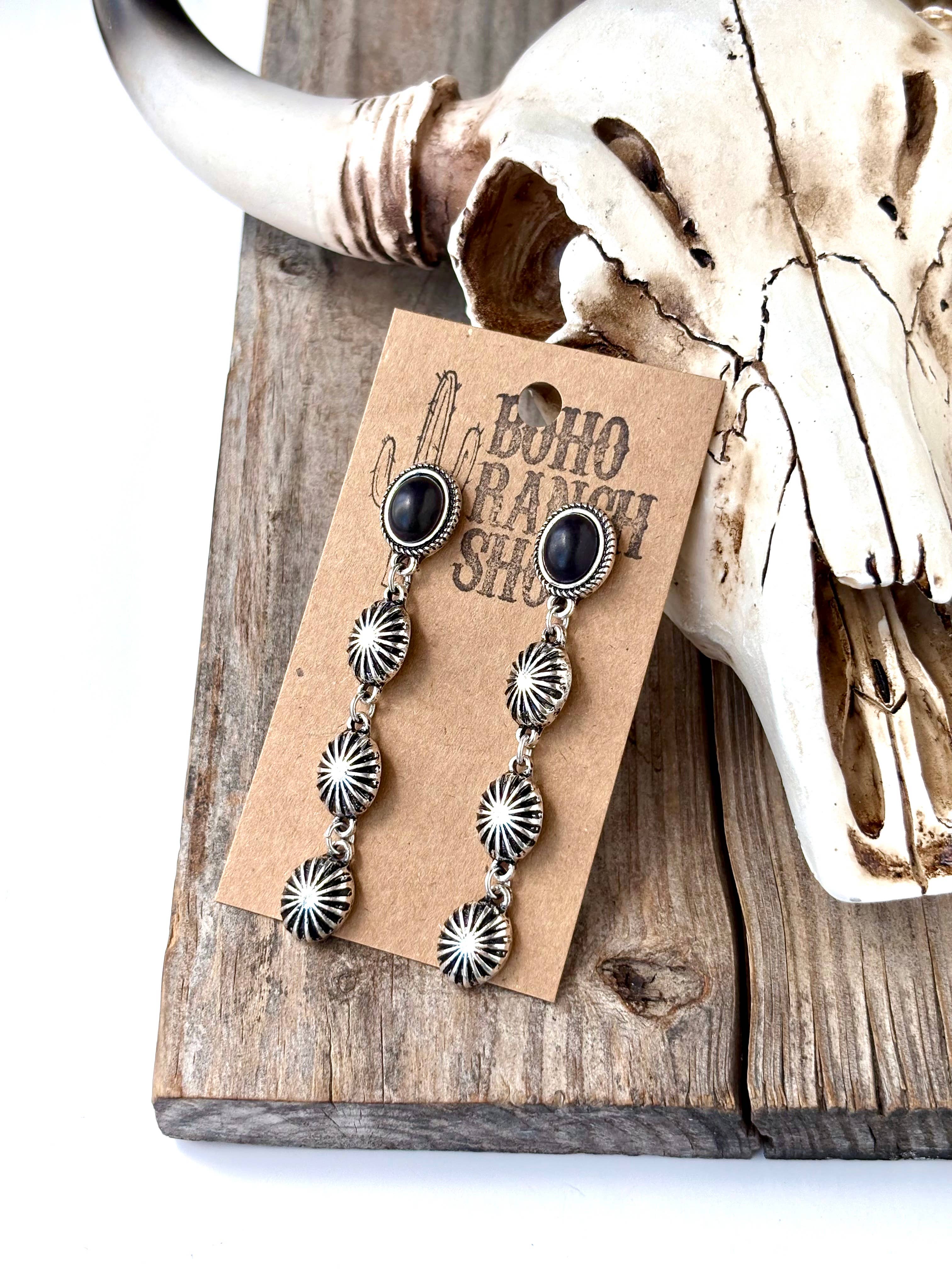 4 Tier Western Concho & Oval Stone Post Drop Earrings: Pink