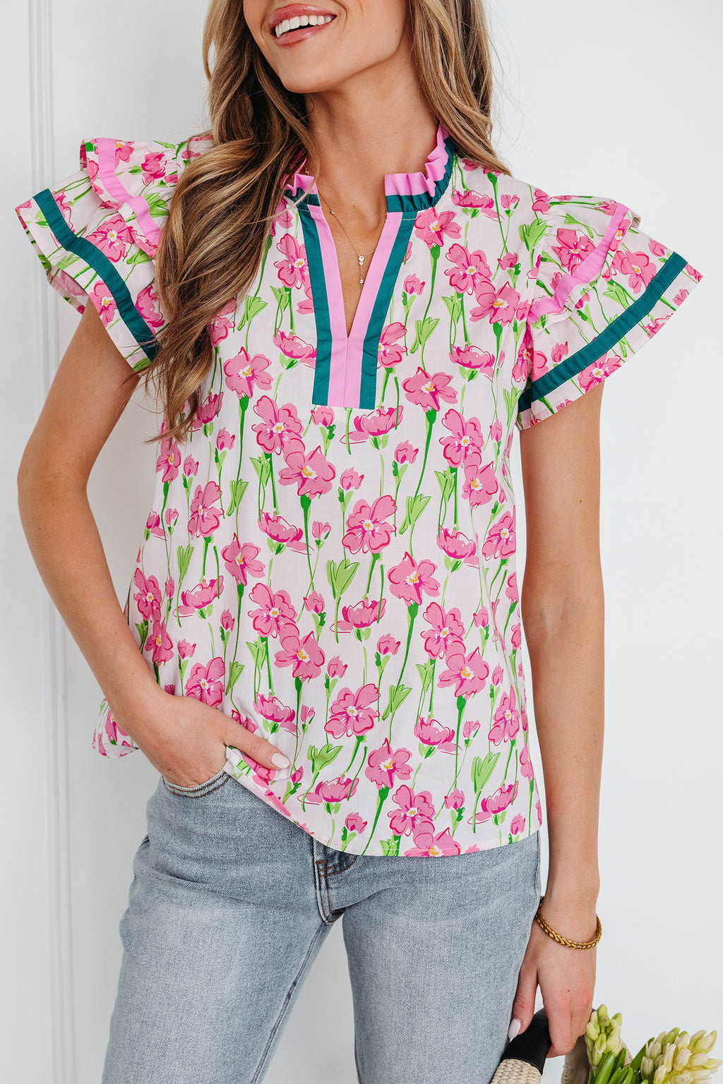 Pink Floral Print Contrast Trim V Neck Double Ruffled Short Sleeve Blouse