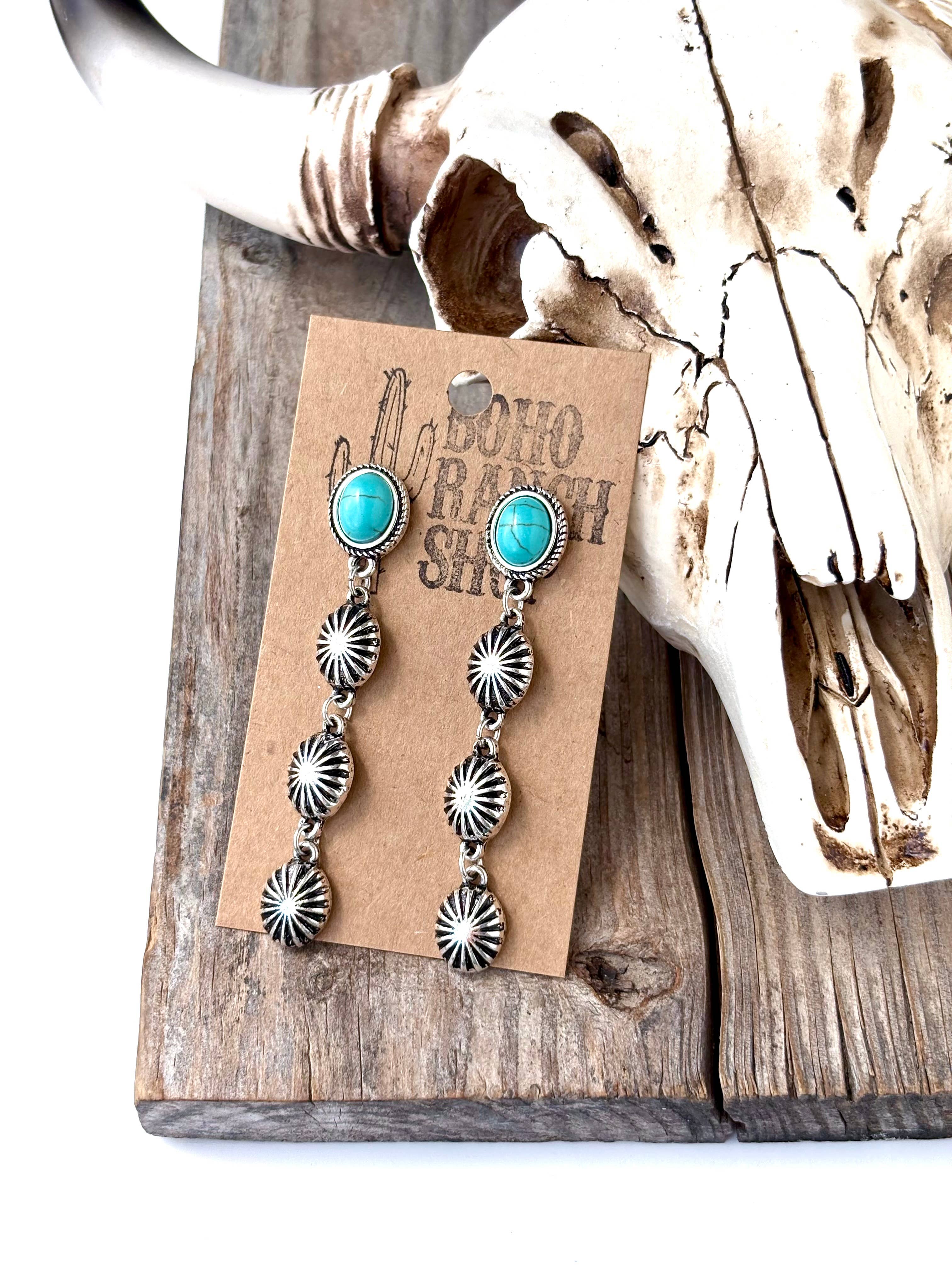 4 Tier Western Concho & Oval Stone Post Drop Earrings: Pink