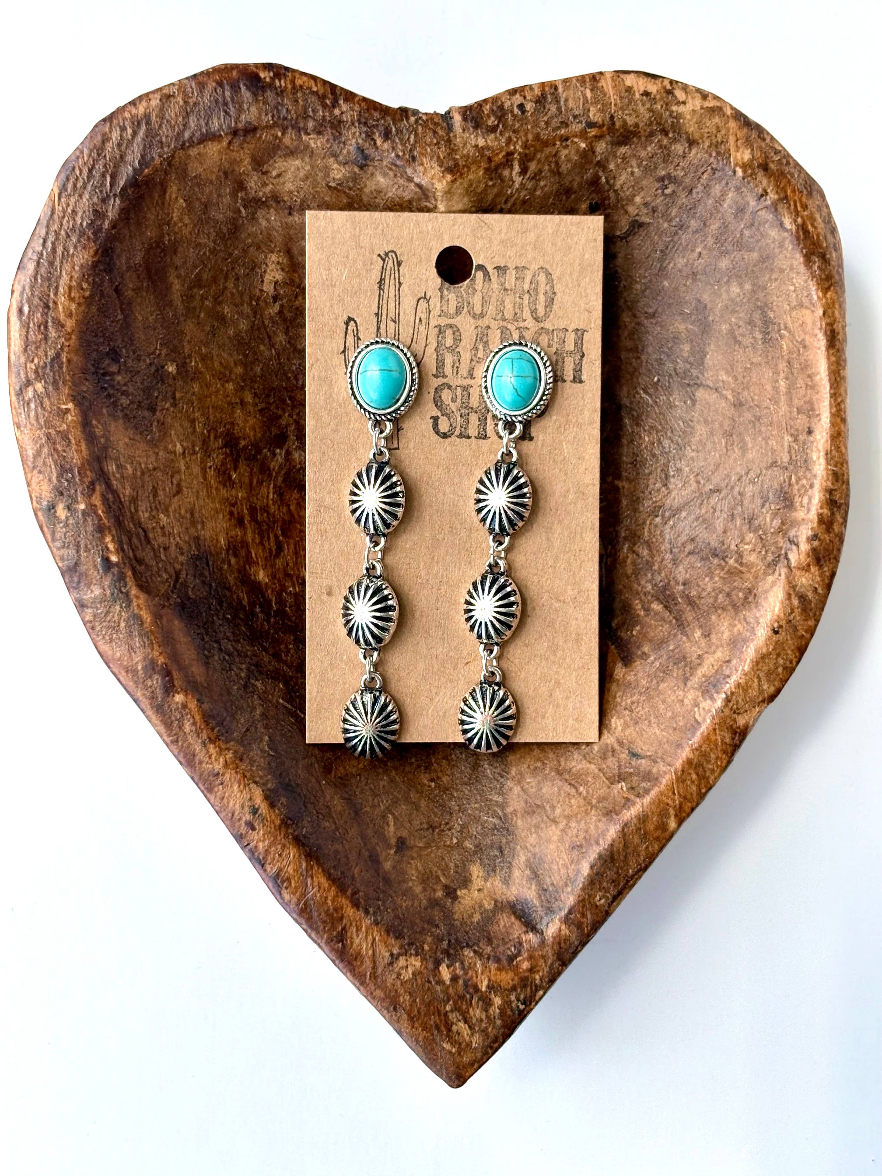 4 Tier Western Concho & Oval Stone Post Drop Earrings: Pink