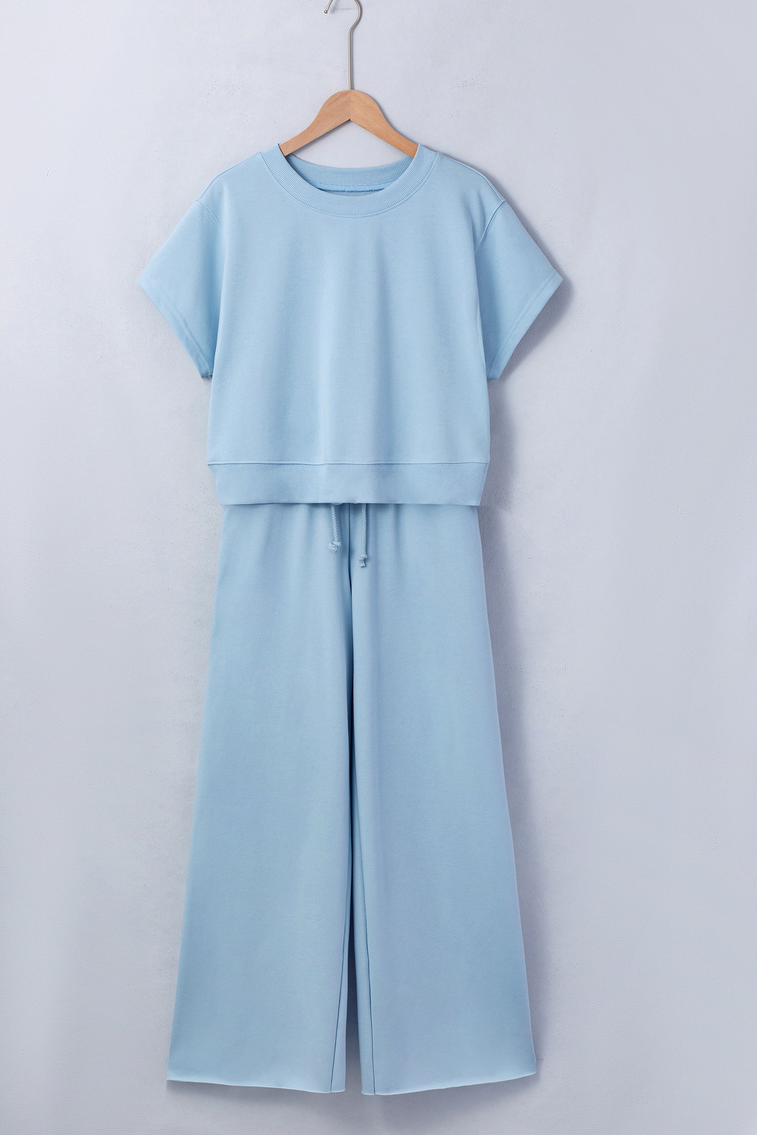 Clearly Aqua Solid Color Loose Tee Drawstring Wide Leg Pants 2pcs Outfit