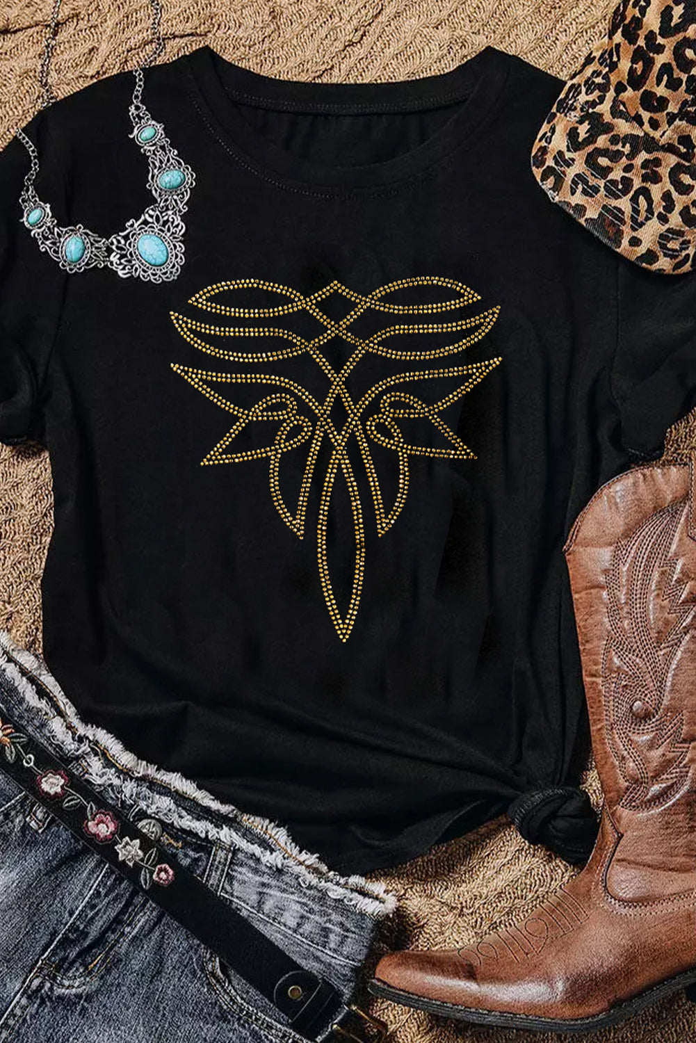 Black Rhinestone Western Pattern Cotton Blend Graphic T Shirt