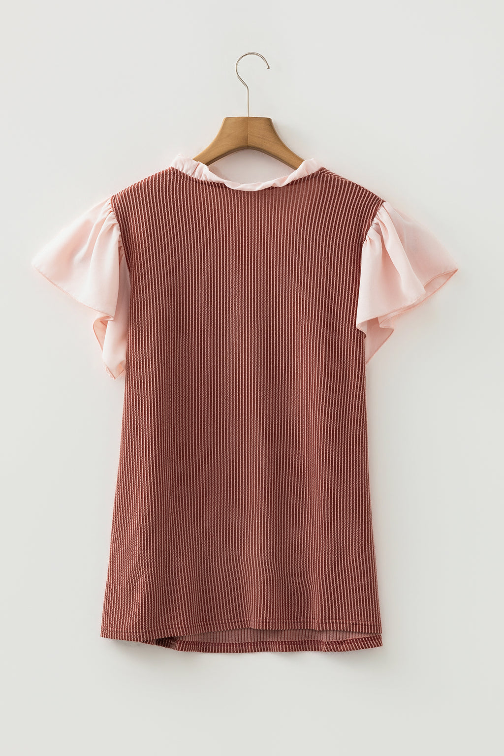 Fushia Plus Size Contrast Frilled Neckline Ruffled Short Sleeve Ribbed Textured Blouse