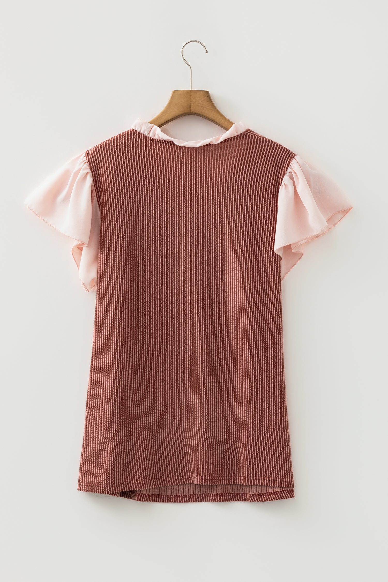Fushia Plus Size Contrast Frilled Neckline Ruffled Short Sleeve Ribbed Textured Blouse