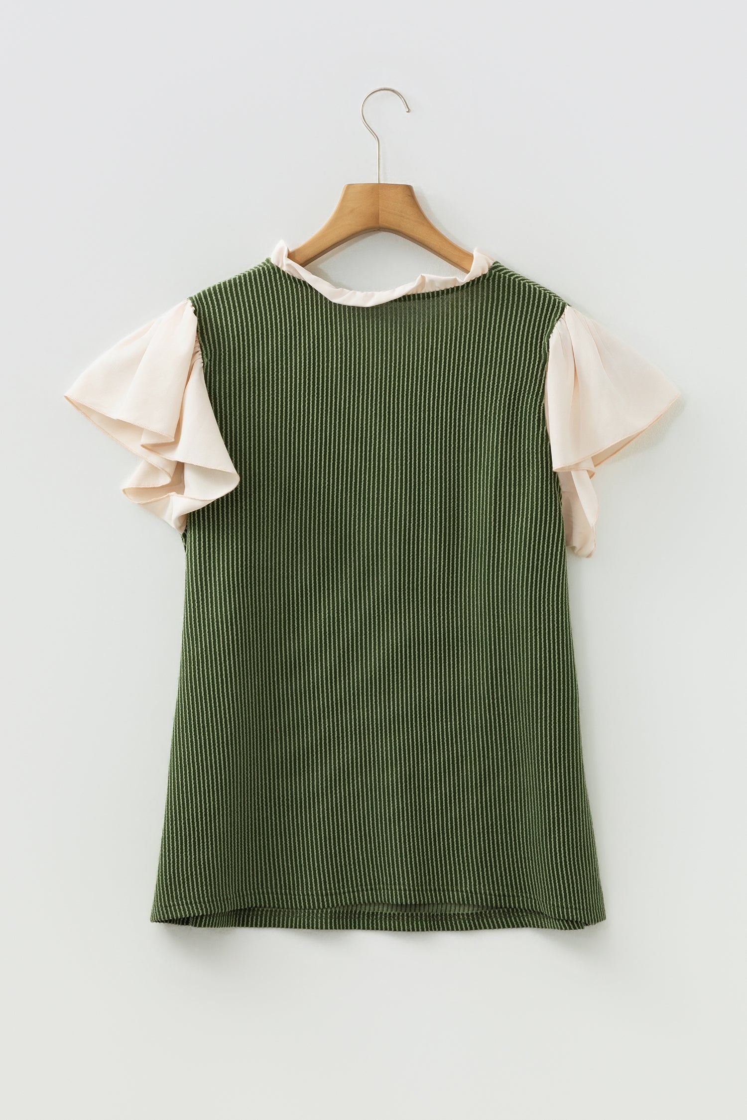 Fushia Plus Size Contrast Frilled Neckline Ruffled Short Sleeve Ribbed Textured Blouse