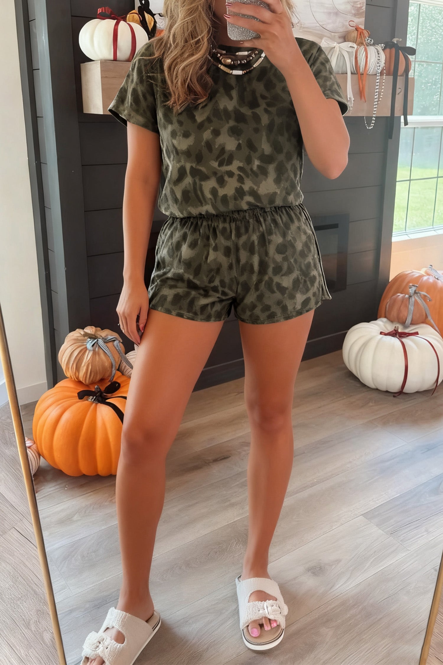 Brown Leopard Print Crew Neck Short Set