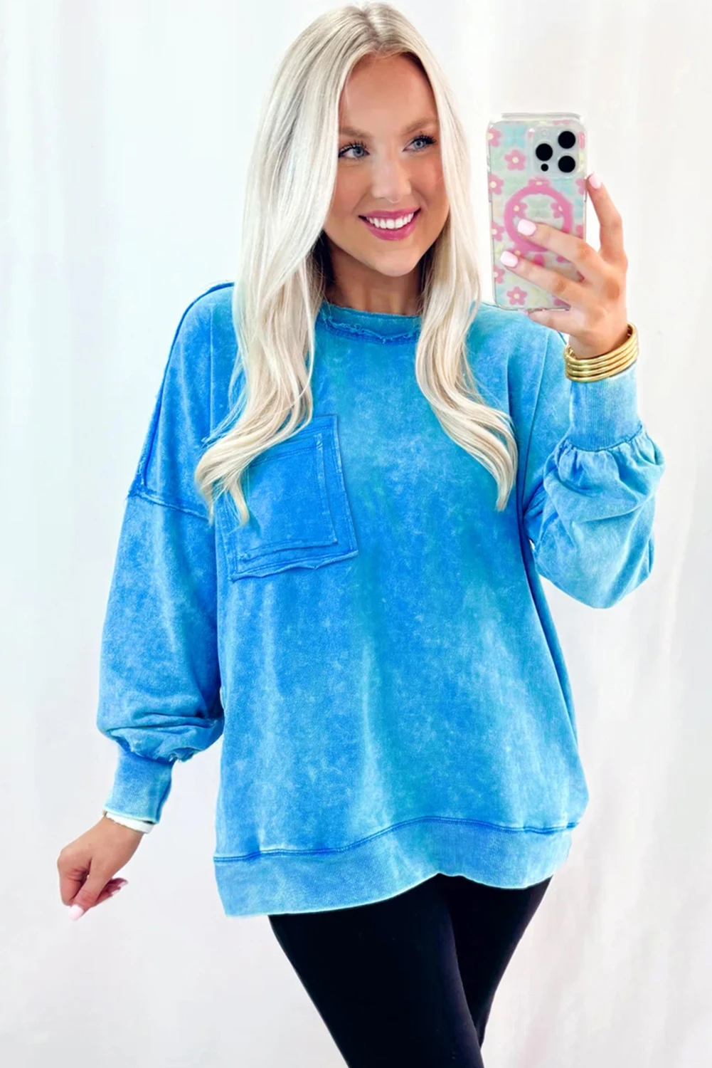 Blue Mineral Wash Raw Seam Double Patched Pocket Pullover Sweatshirt