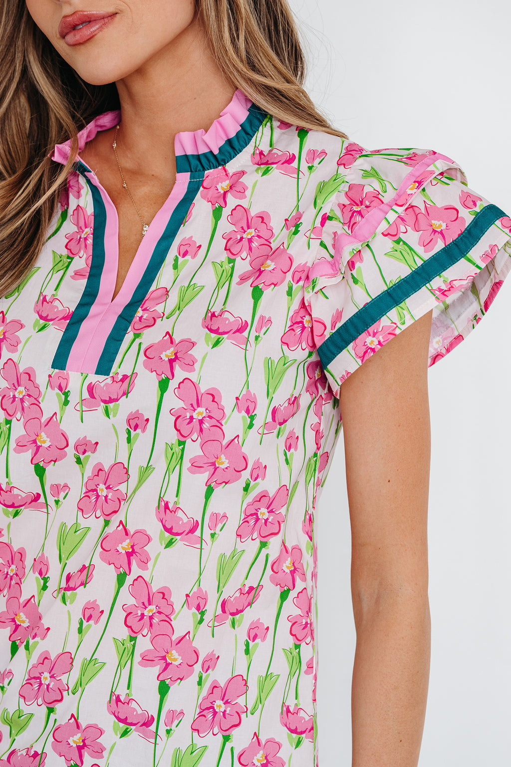 Pink Floral Print Contrast Trim V Neck Double Ruffled Short Sleeve Blouse