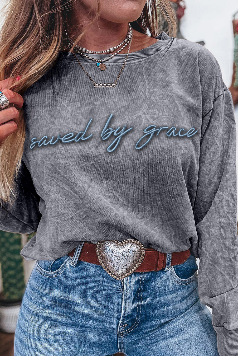 DUNE saved by grace Letter Embroidery Mineral Wash Loose Sweatshirt