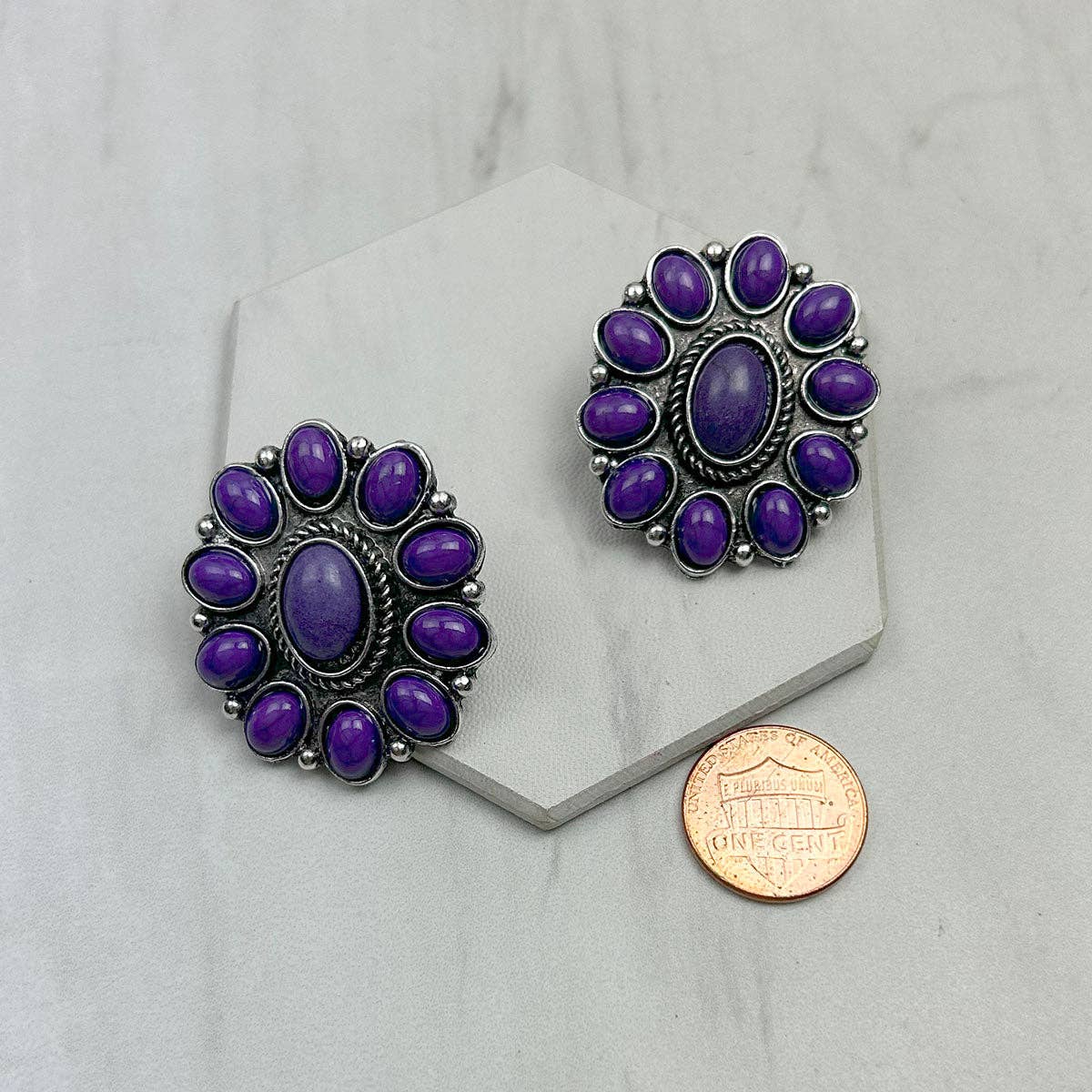ER221115-03-PURPLE            Silver metal with purple stone beads oval Earrings
