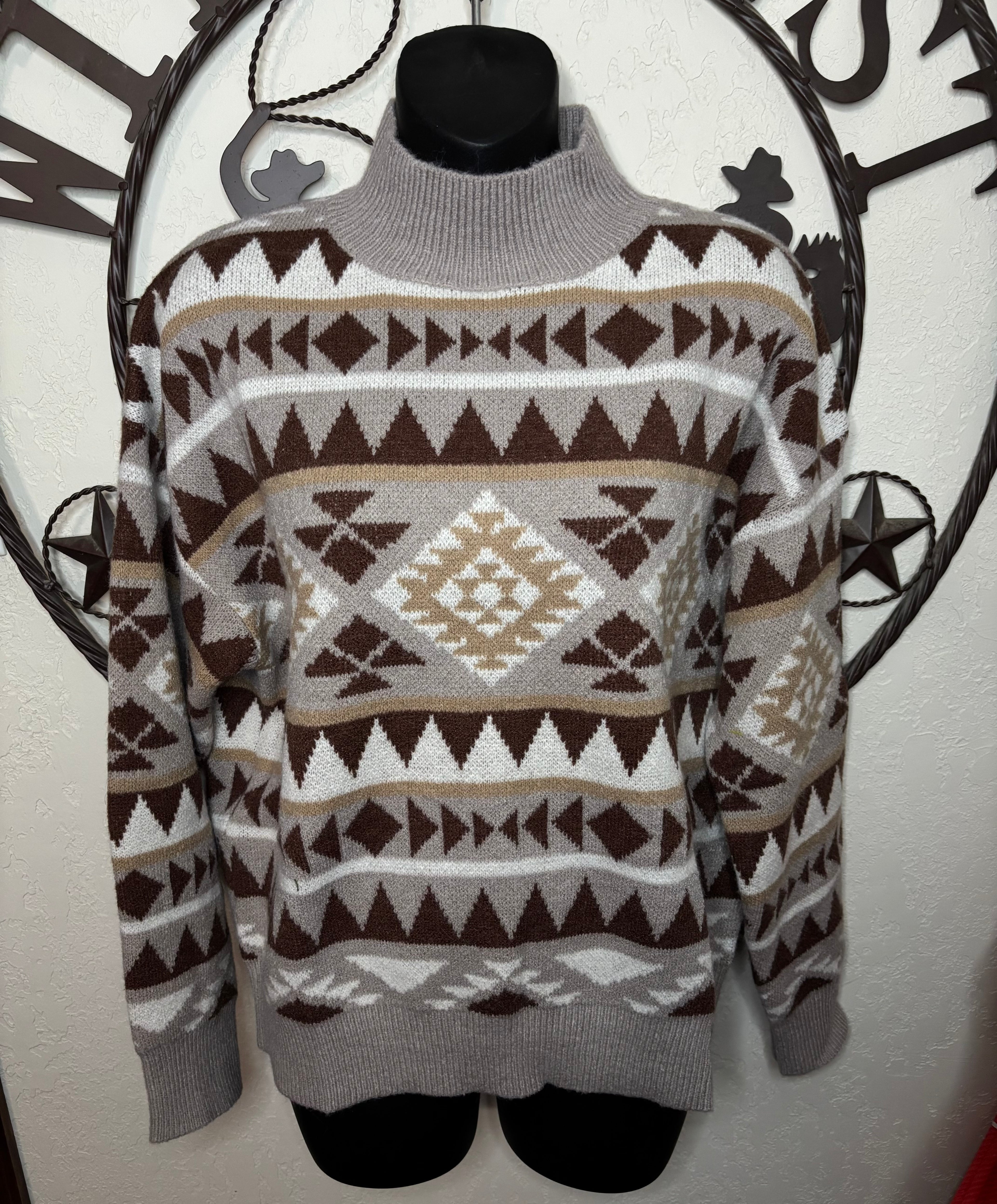 Brown Aztec Printed Knit Turtle Neck Sweater