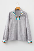 Dark Grey Striped Print Contrast Patchwork Detail Split Neck Blouse