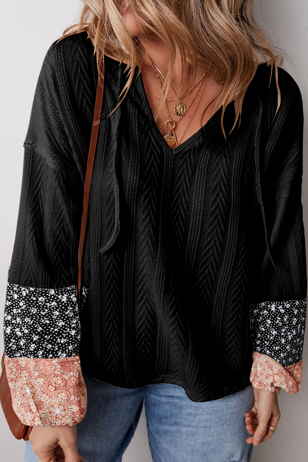White Floral Patchwork Textured Knit Drawstring V Neck Blouse
