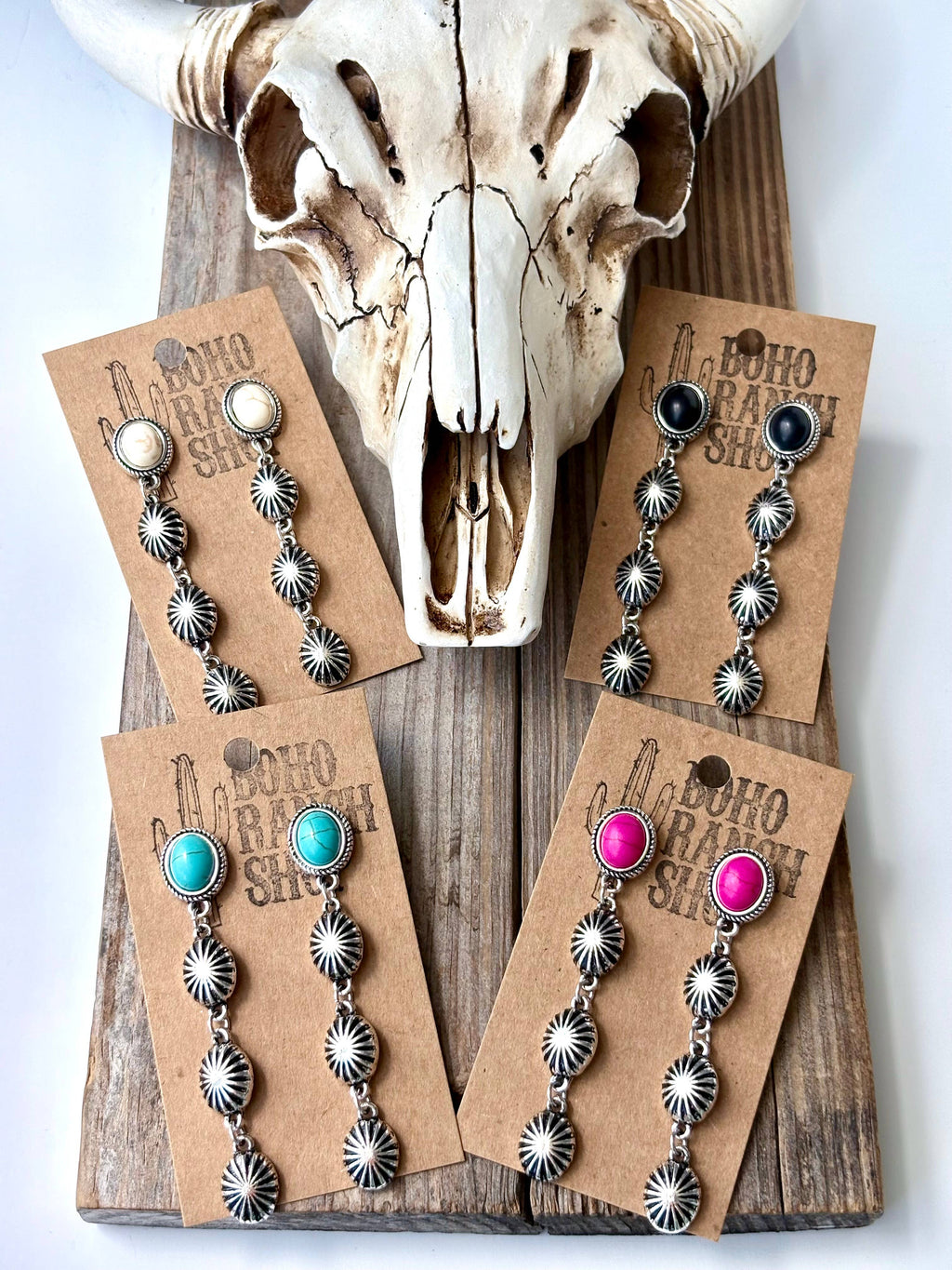 4 Tier Western Concho & Oval Stone Post Drop Earrings: Turquoise