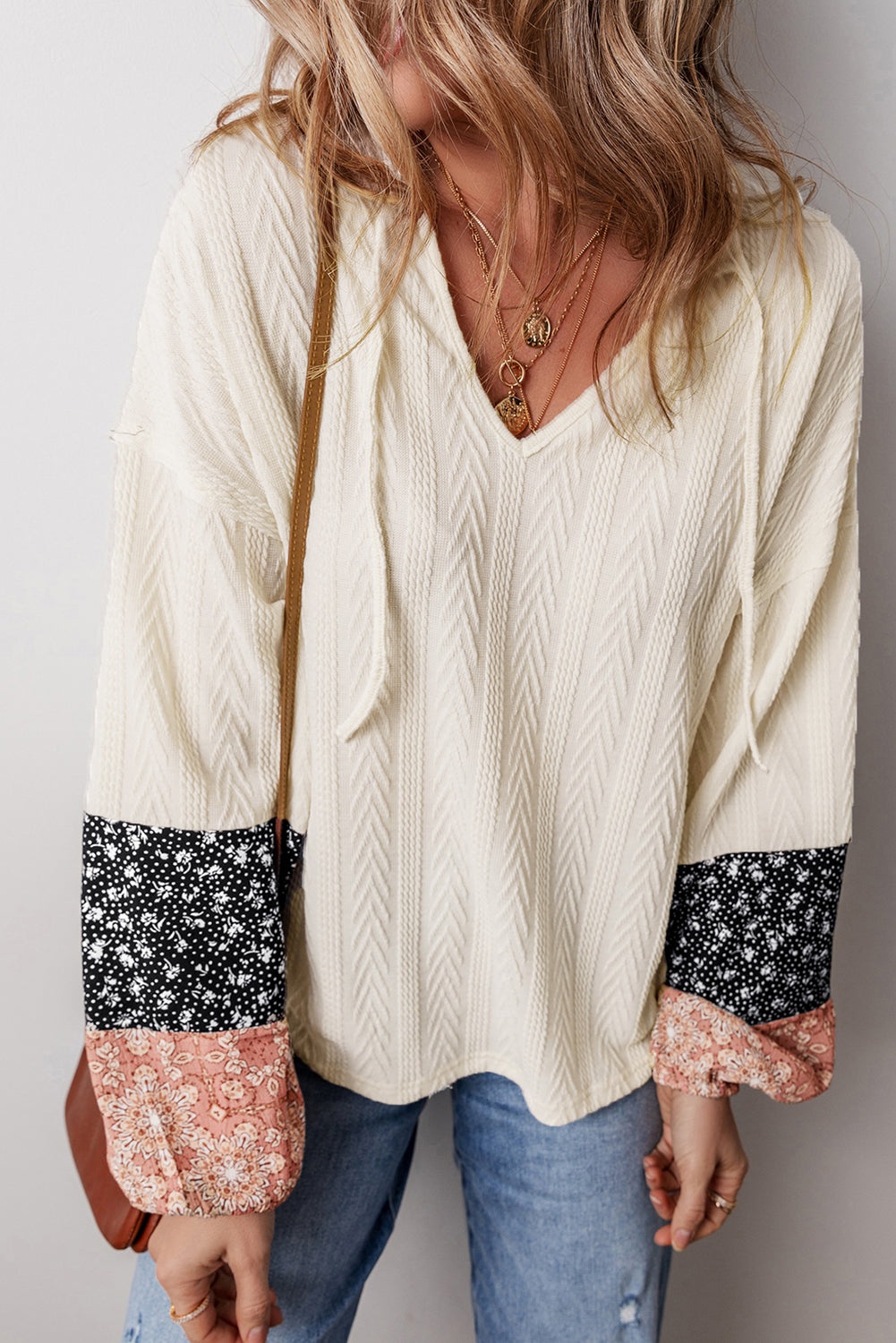 White Floral Patchwork Textured Knit Drawstring V Neck Blouse