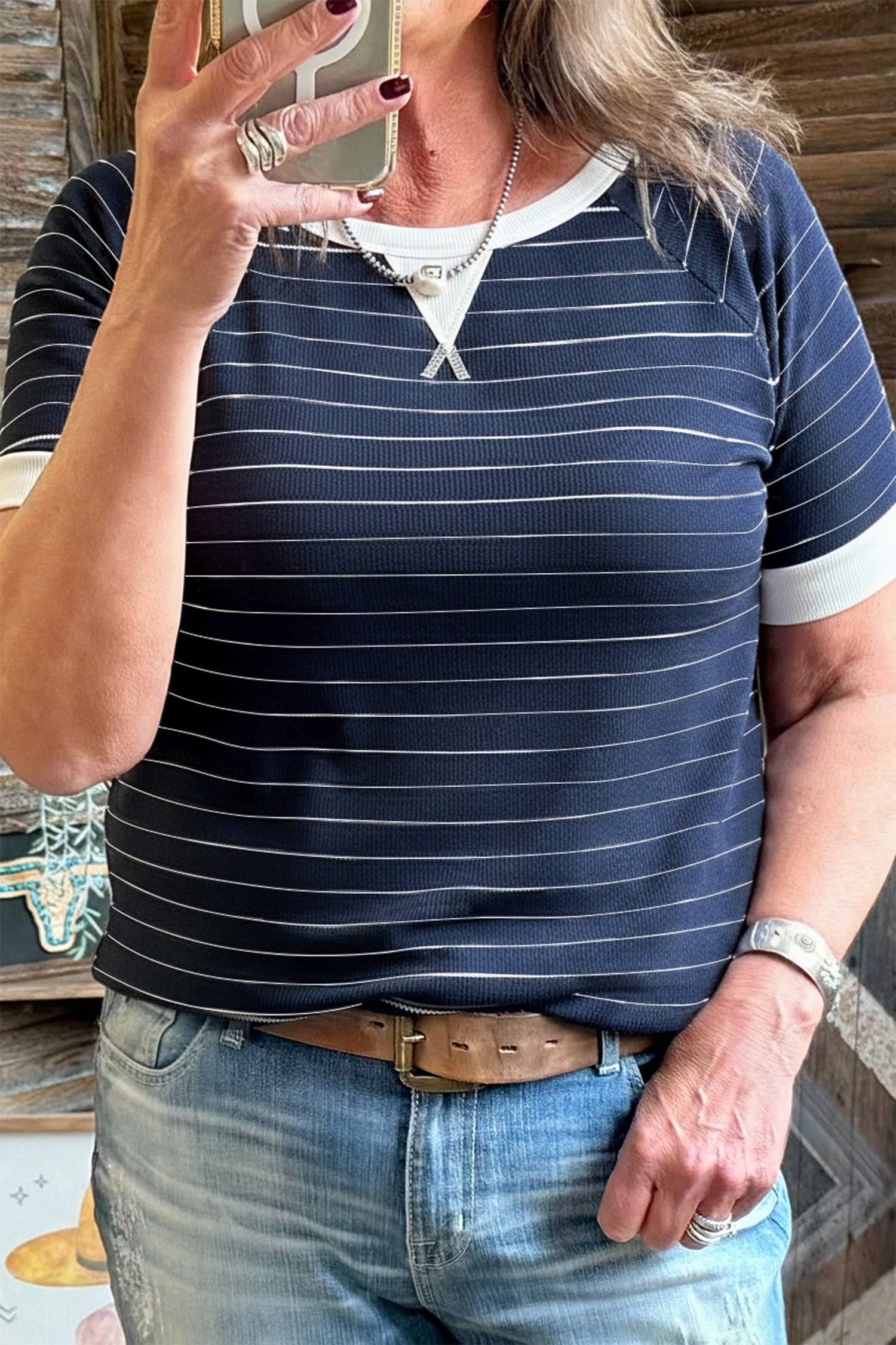 Blue Stripe Contrast Trim Plus Size Ribbed T Shirt