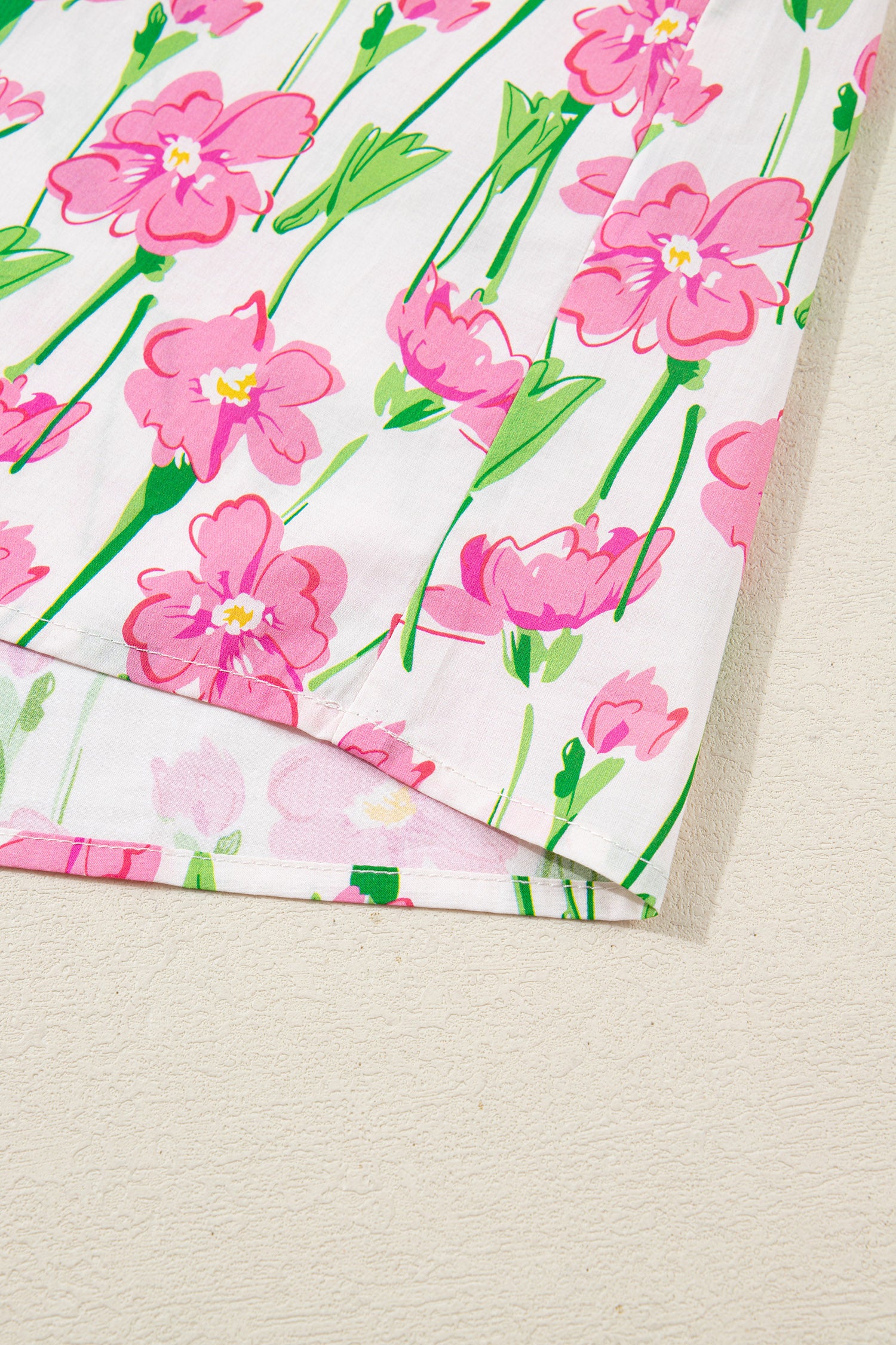 Pink Floral Print Contrast Trim V Neck Double Ruffled Short Sleeve Blouse