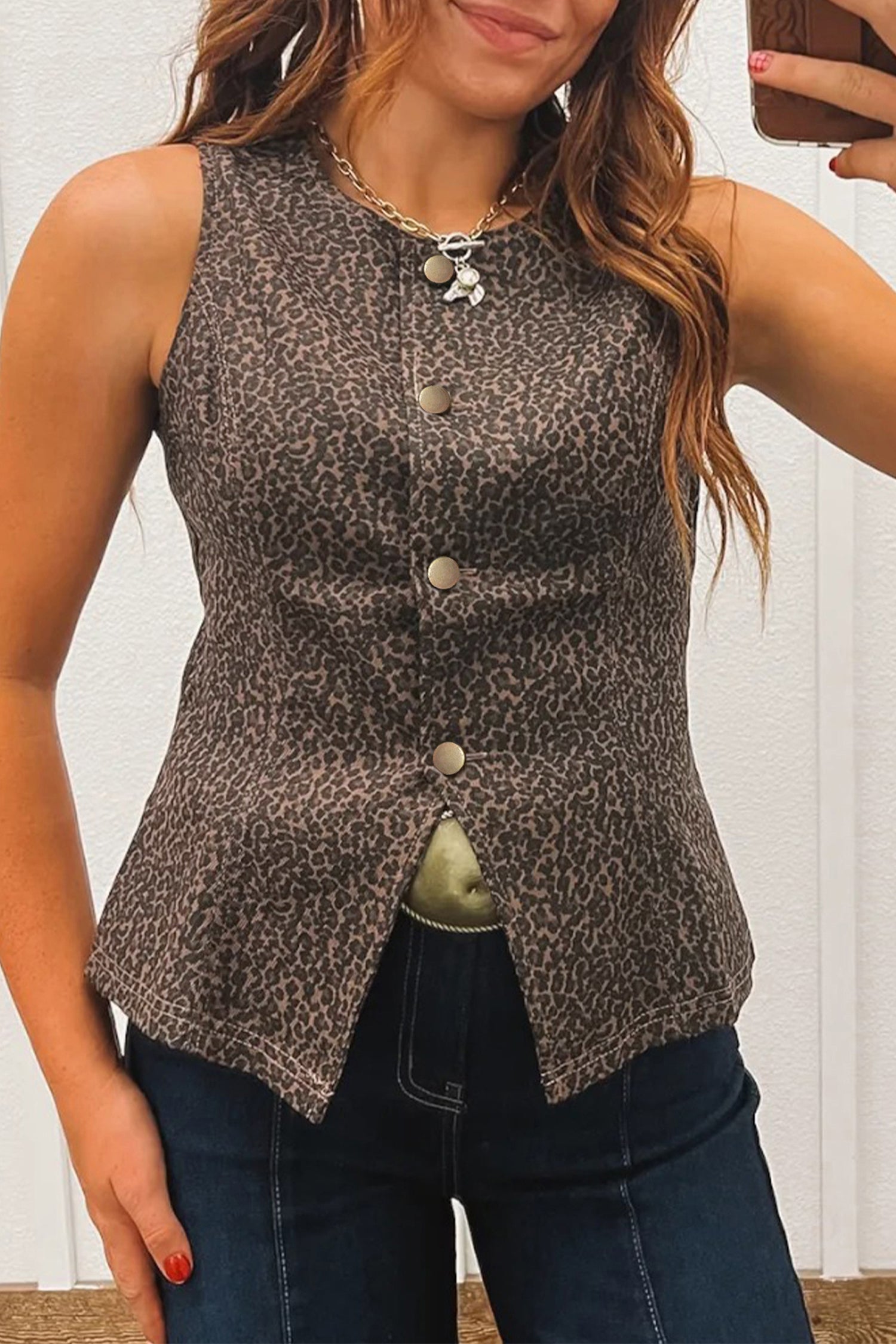 Brown Leopard Print Slim Denim Vest