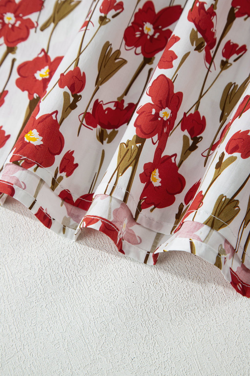 Pink Floral Print Contrast Trim V Neck Double Ruffled Short Sleeve Blouse