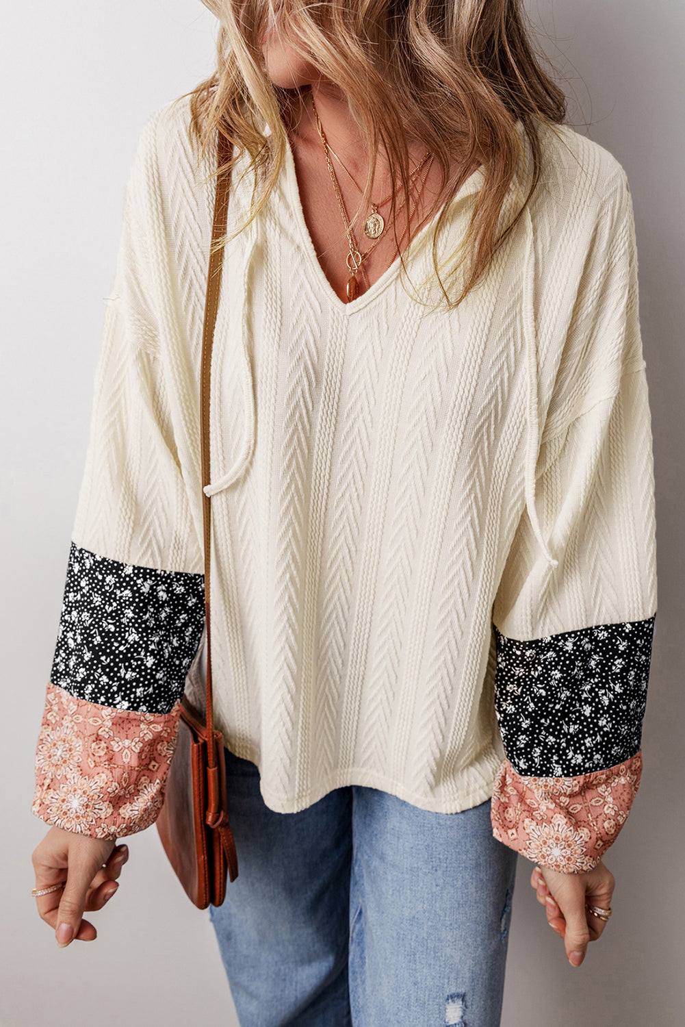 White Floral Patchwork Textured Knit Drawstring V Neck Blouse