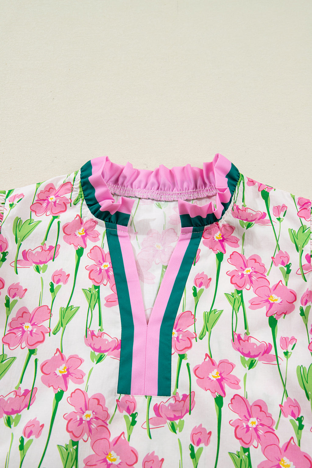 Pink Floral Print Contrast Trim V Neck Double Ruffled Short Sleeve Blouse