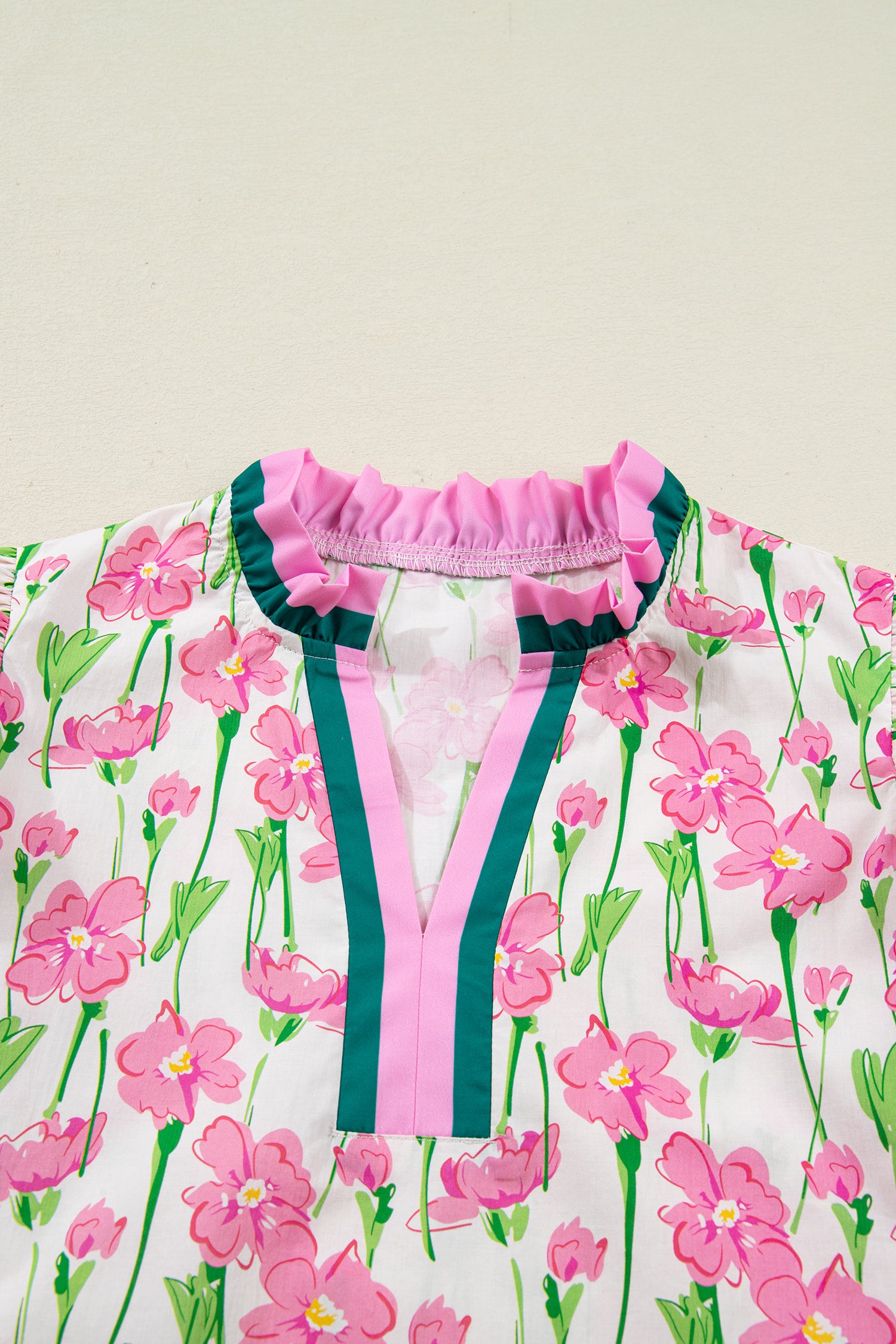 Pink Floral Print Contrast Trim V Neck Double Ruffled Short Sleeve Blouse