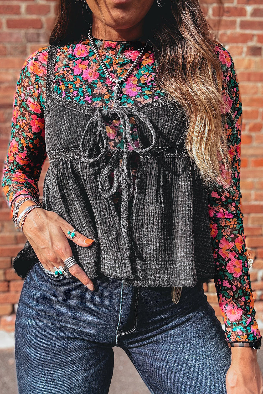 Rose Slim Fit Floral Mesh Long Sleeve Mock Neck Top