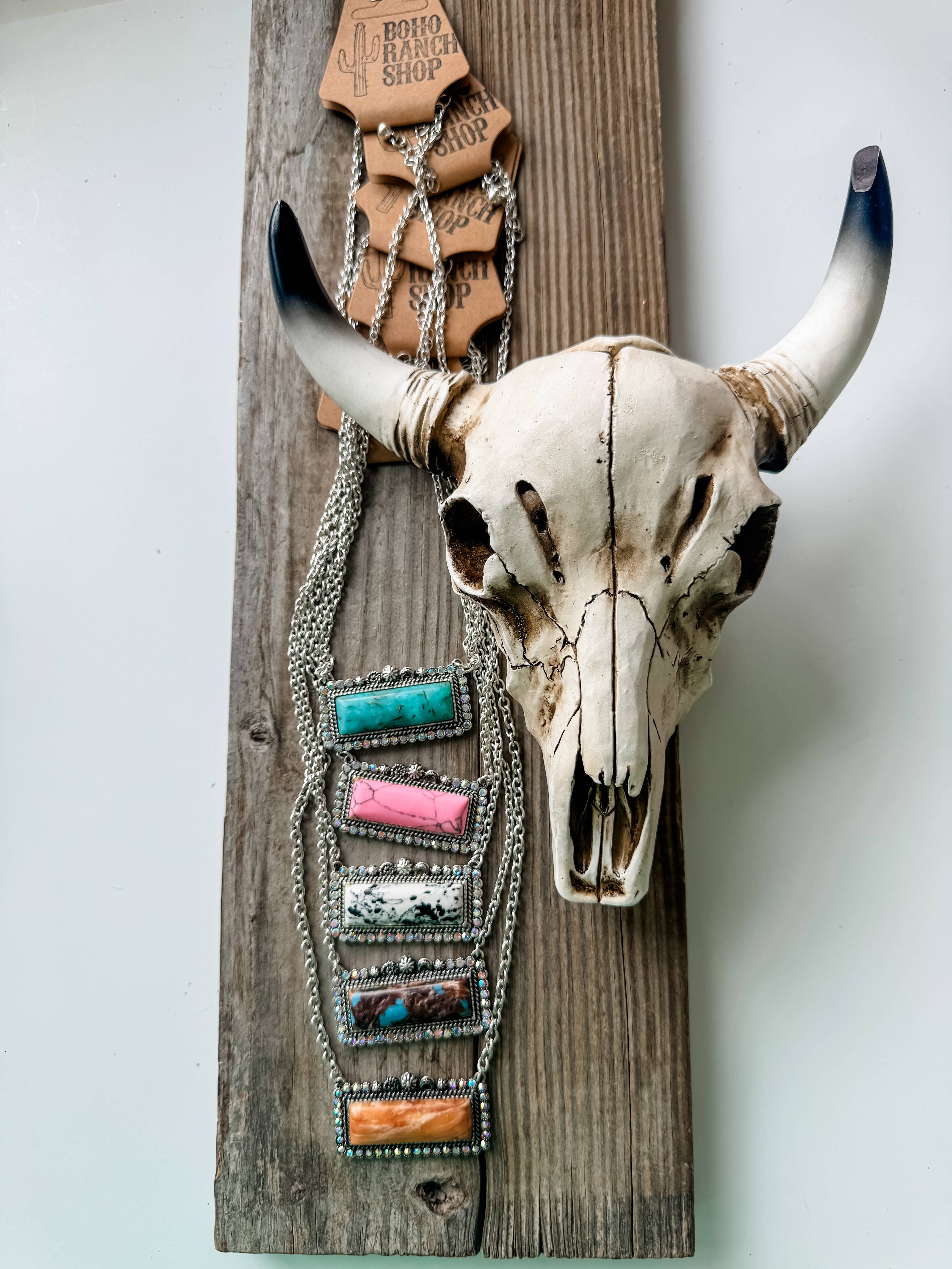 Western Semi Stone Bar Necklace - with Rhinestone edge: PINK