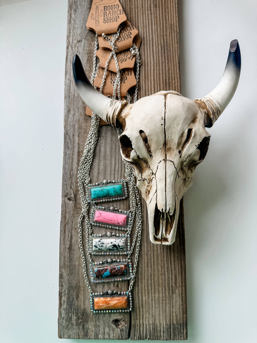 Western Semi Stone Bar Necklace - with Rhinestone edge: TURQUOISE/ BROWN