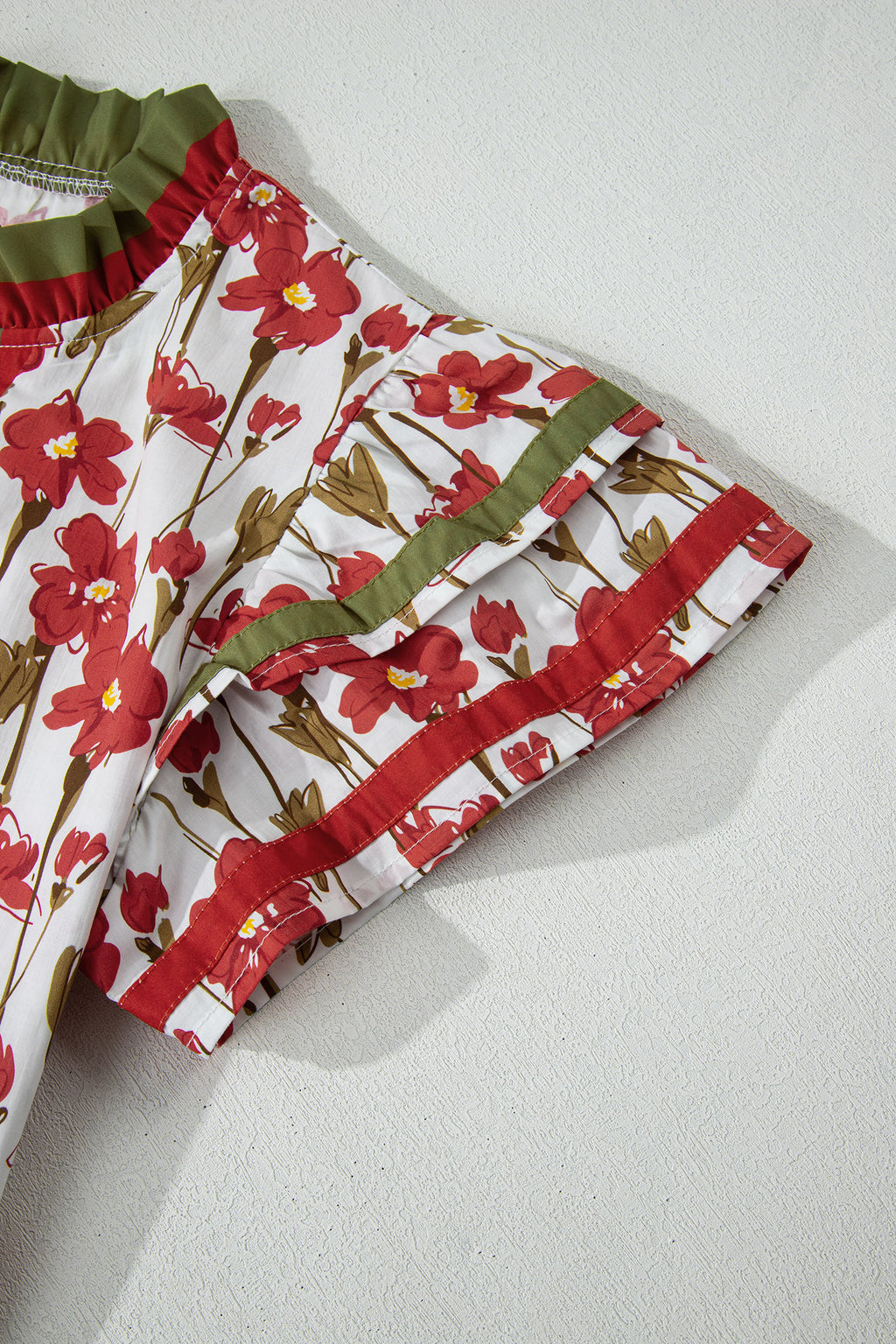 Pink Floral Print Contrast Trim V Neck Double Ruffled Short Sleeve Blouse