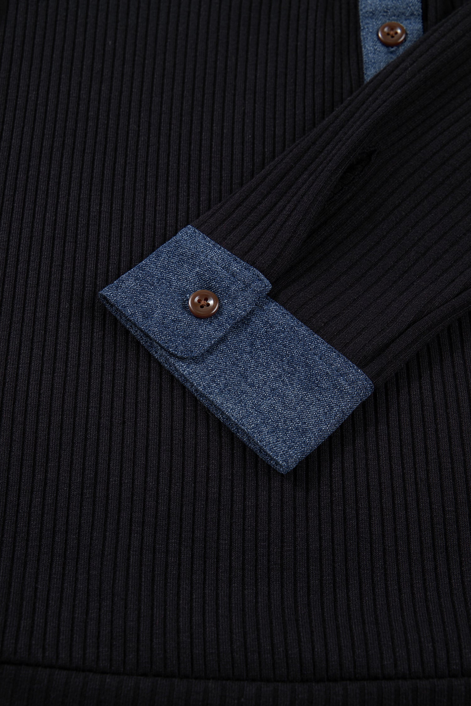 Black Ribbed Knit Contrast Denim Patchwork Hooded Long Sleeve Top